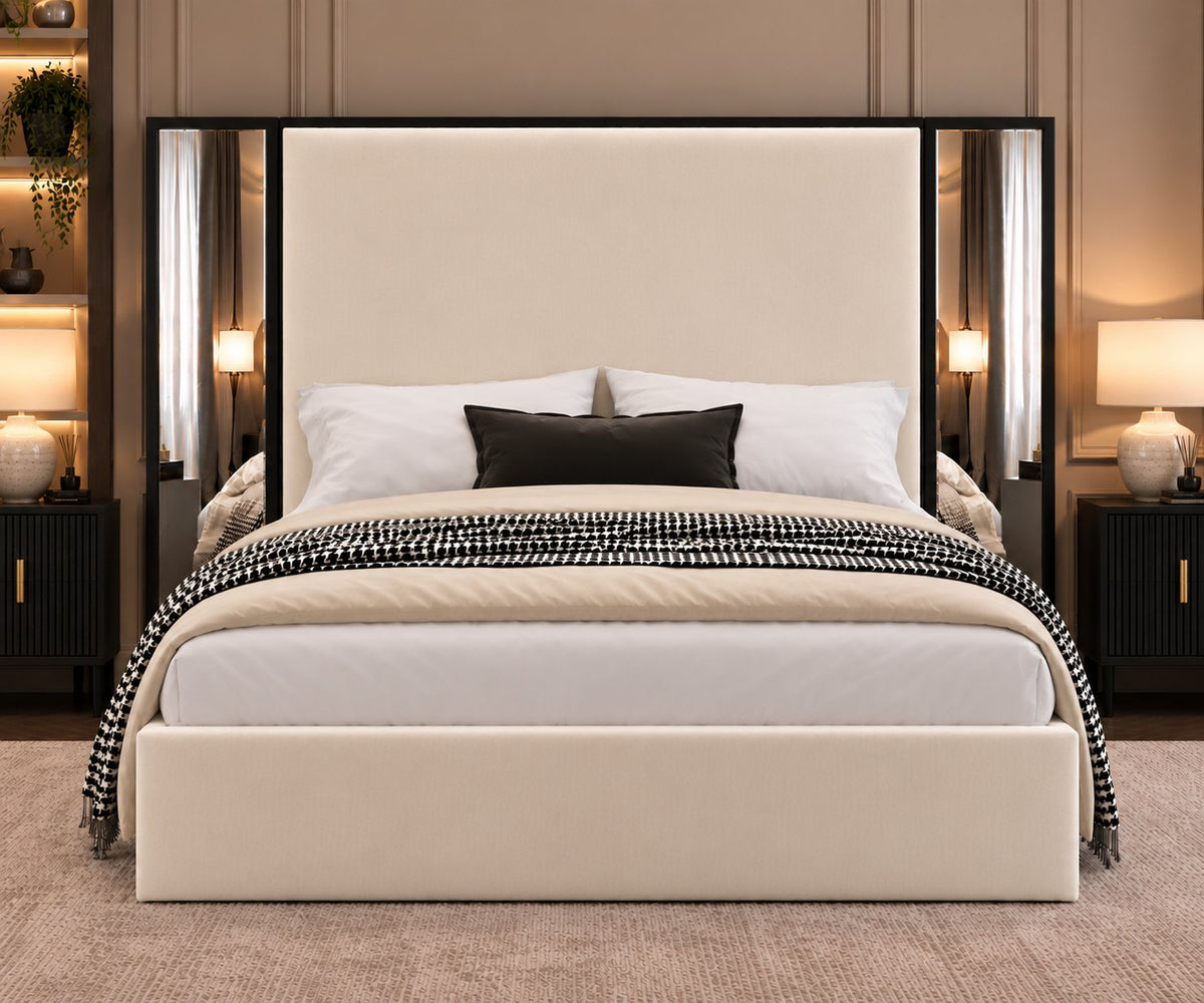 Todi bed in cream with black metal frame, front view
