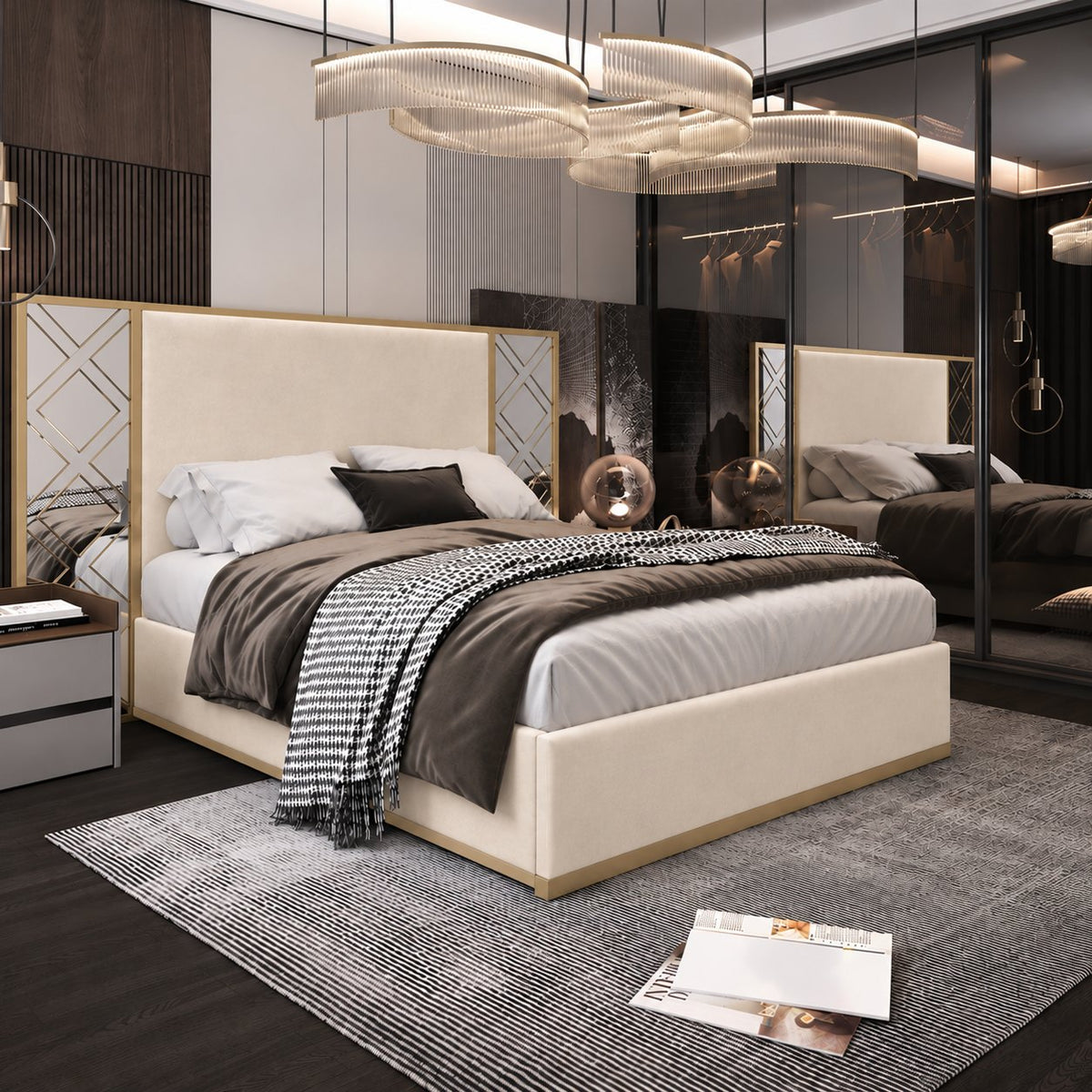 Todi bed in cream with gold metal frame (second room setting), side view
