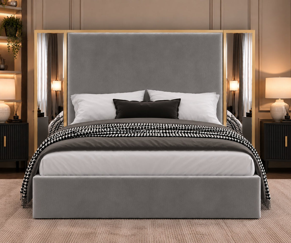 Todi bed in grey with gold metal frame, front view
