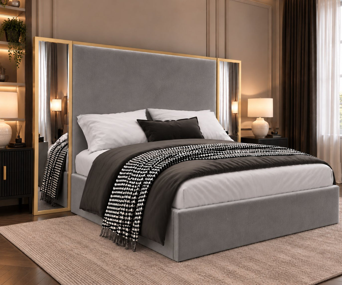 Todi bed in grey with gold metal frame, side view