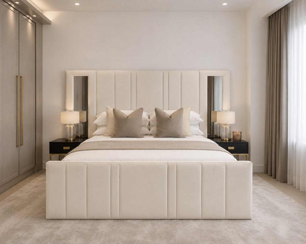 Trento Mirrored Panel Wide Headboard and Footboard Upholstered Bed Frame