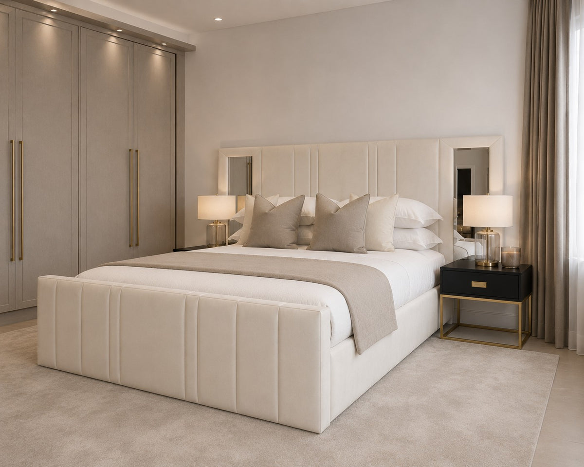Trento Mirrored Panel Wide Headboard and Footboard Upholstered Bed Frame