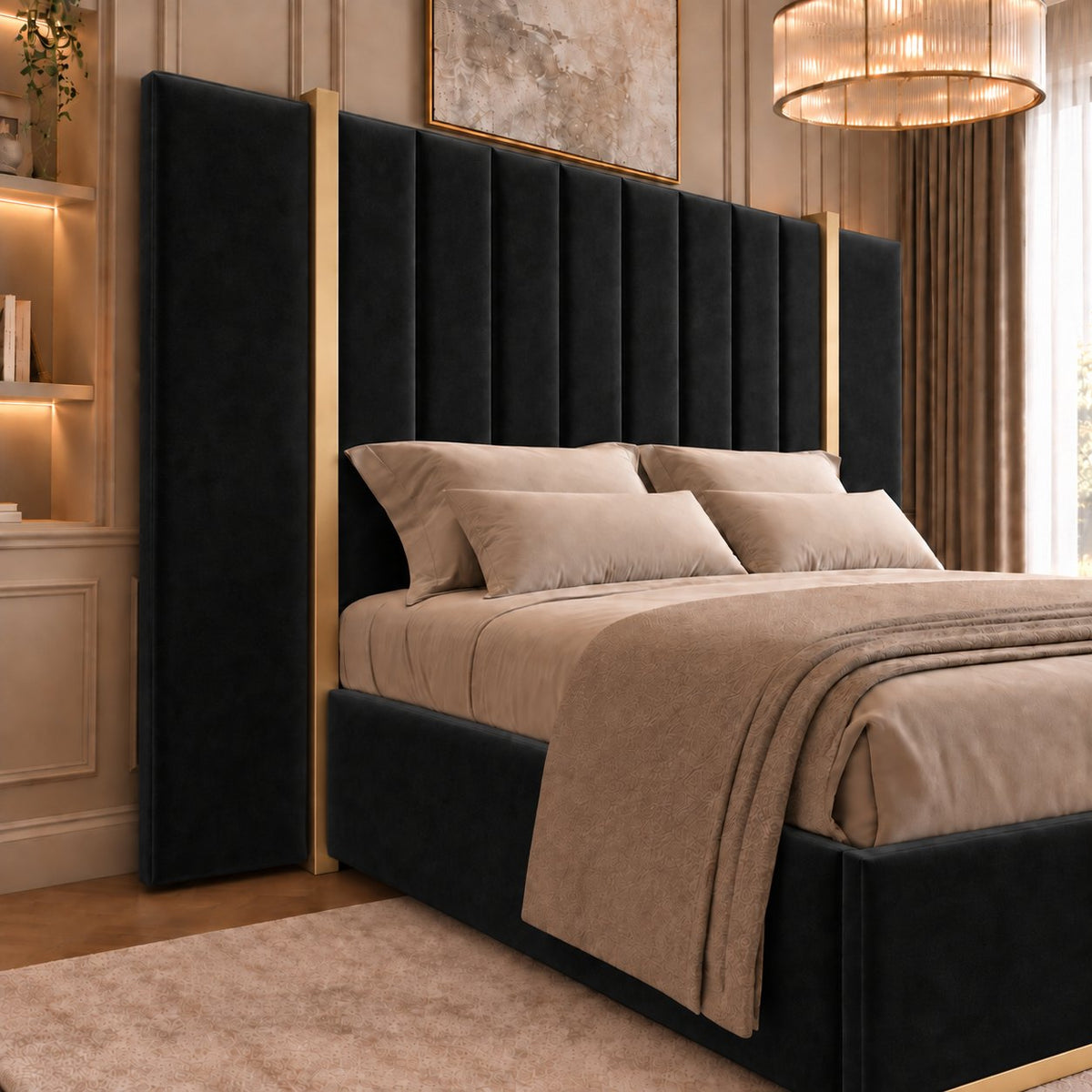 Varese bed in black with gold metal frame, headboard close-up