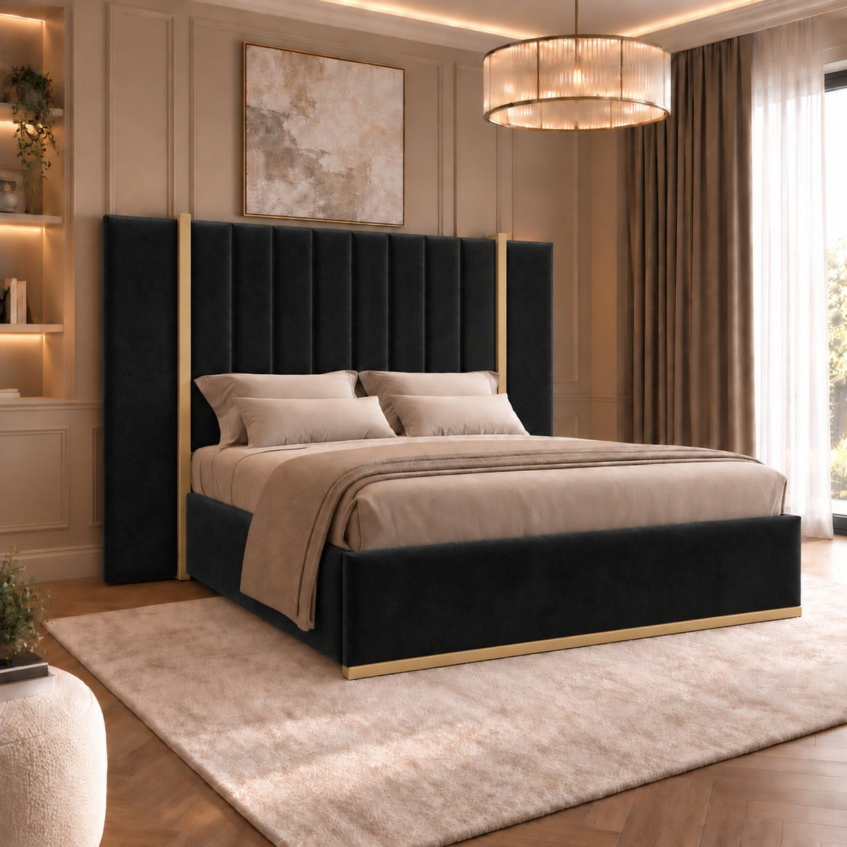 Varese bed in black with gold metal frame, side view