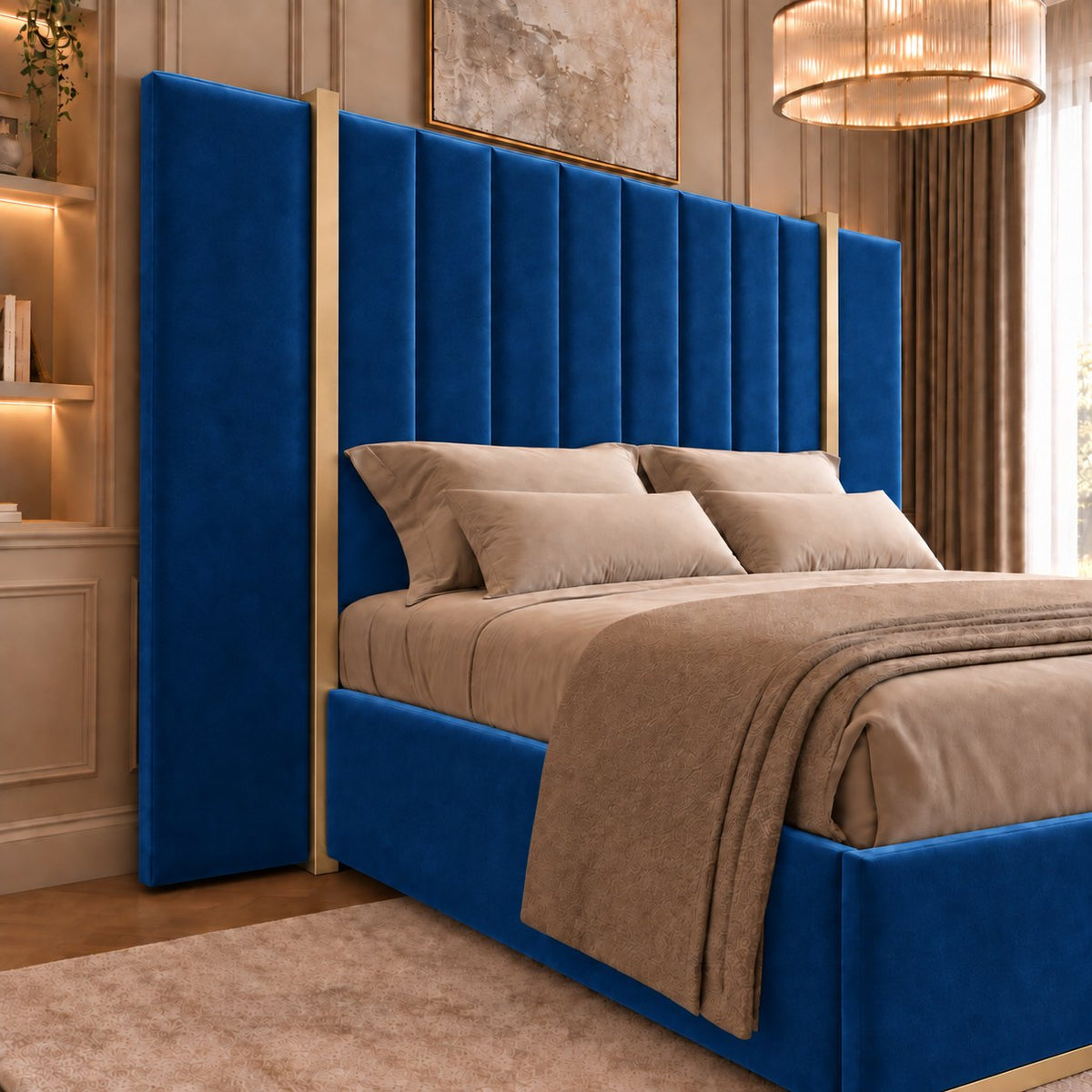 Varese bed in blue with gold metal frame, headboard close-up