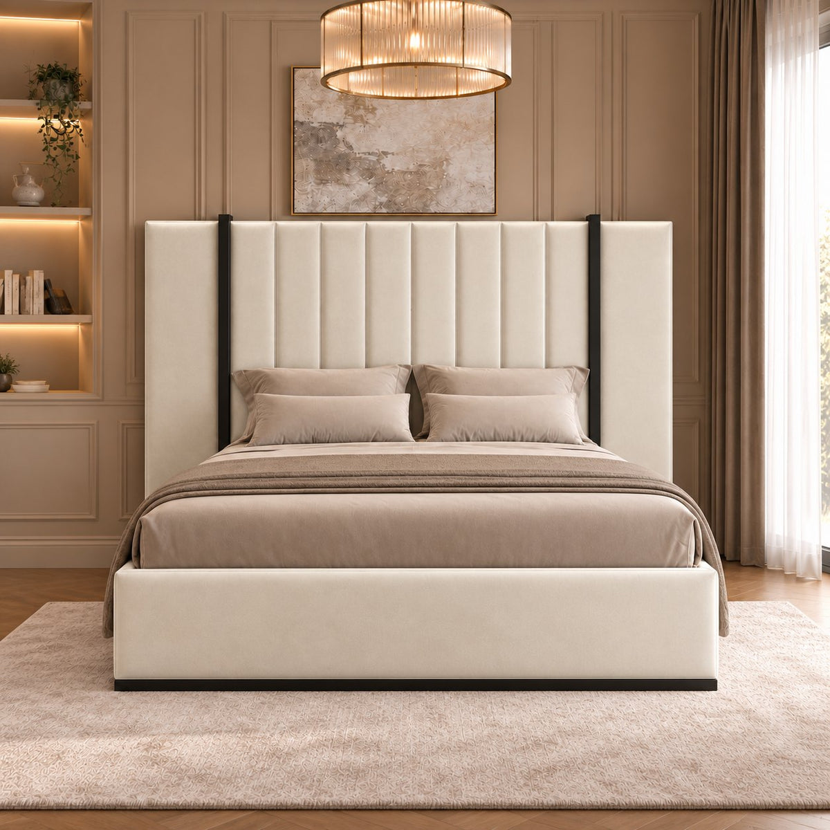 Varese bed in cream with black metal frame, front view