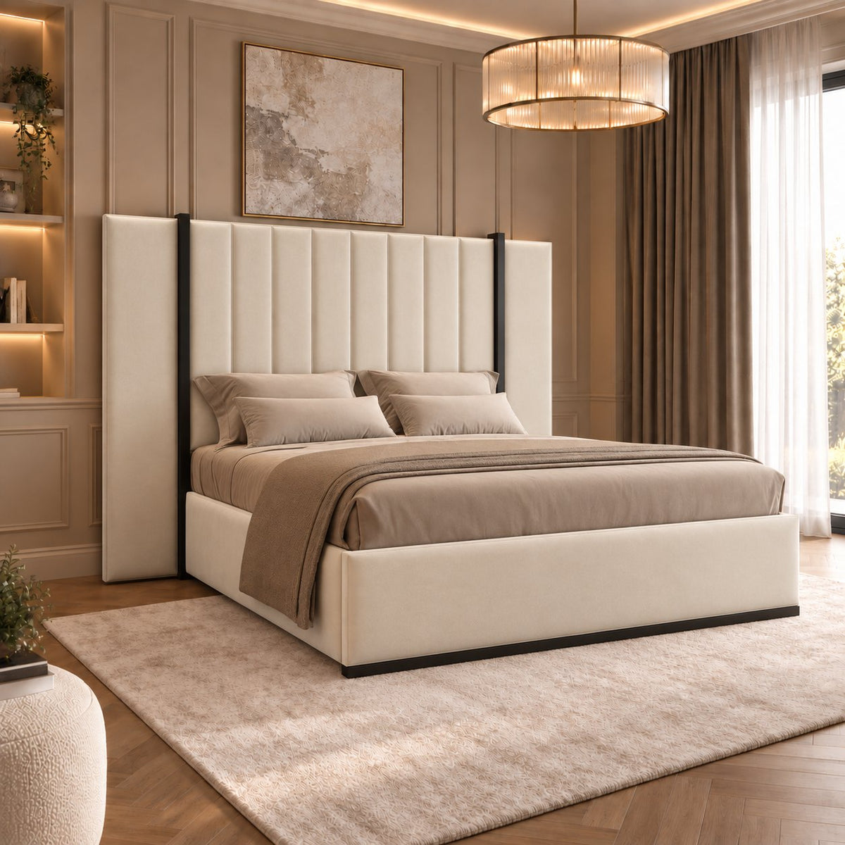 Varese bed in cream with black metal frame, side view