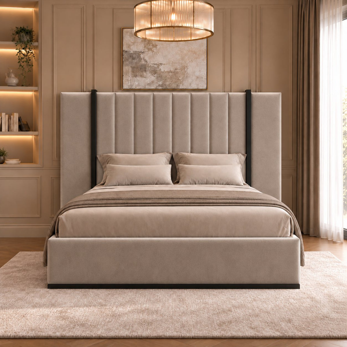 Varese bed in pebble with black metal frame, front view