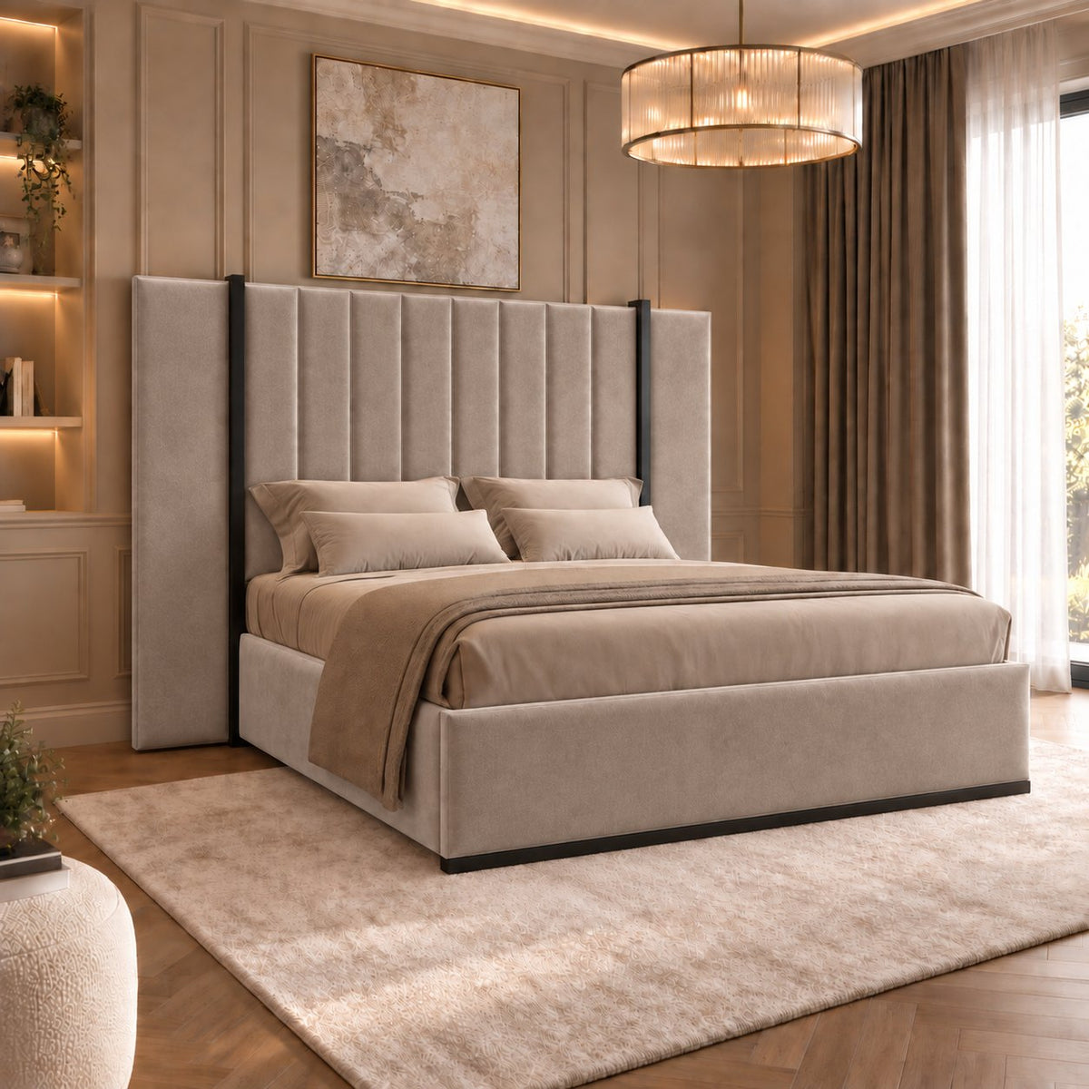 Varese bed in pebble with black metal frame, side view