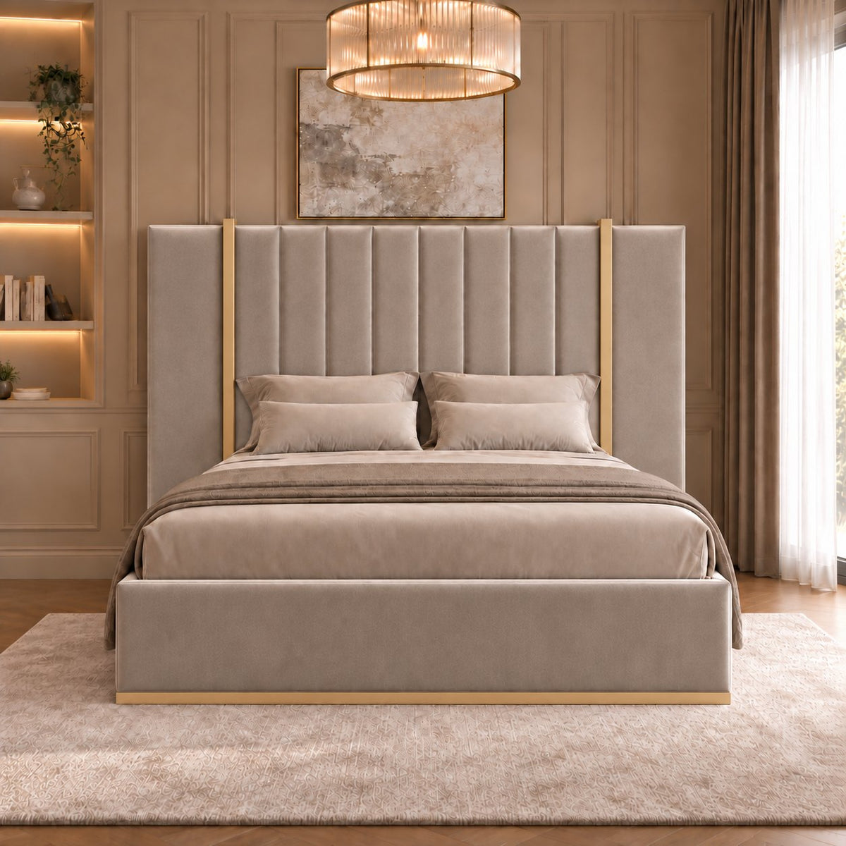 Varese bed in pebble with gold metal frame, front view