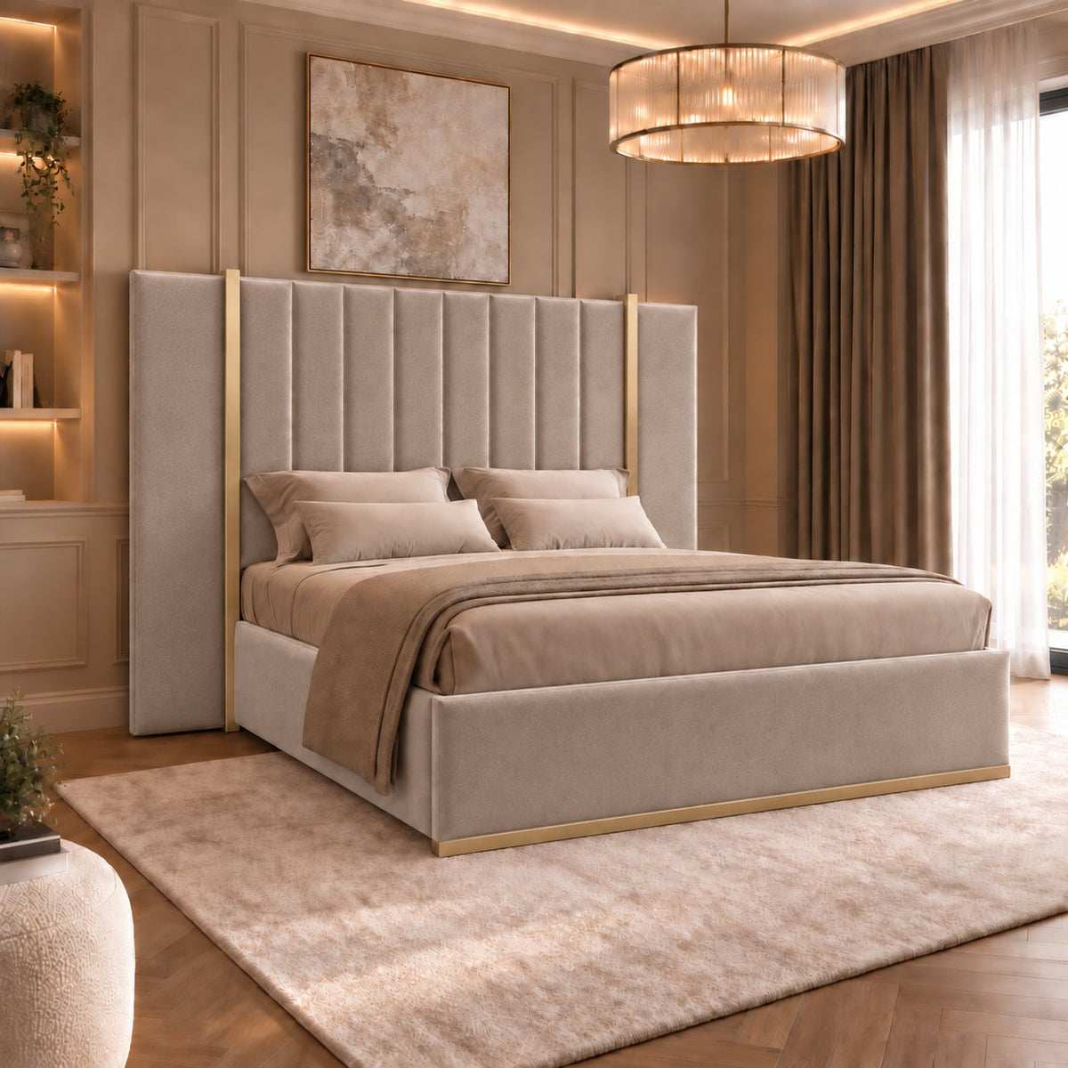 Varese bed in pebble with gold metal frame, side view