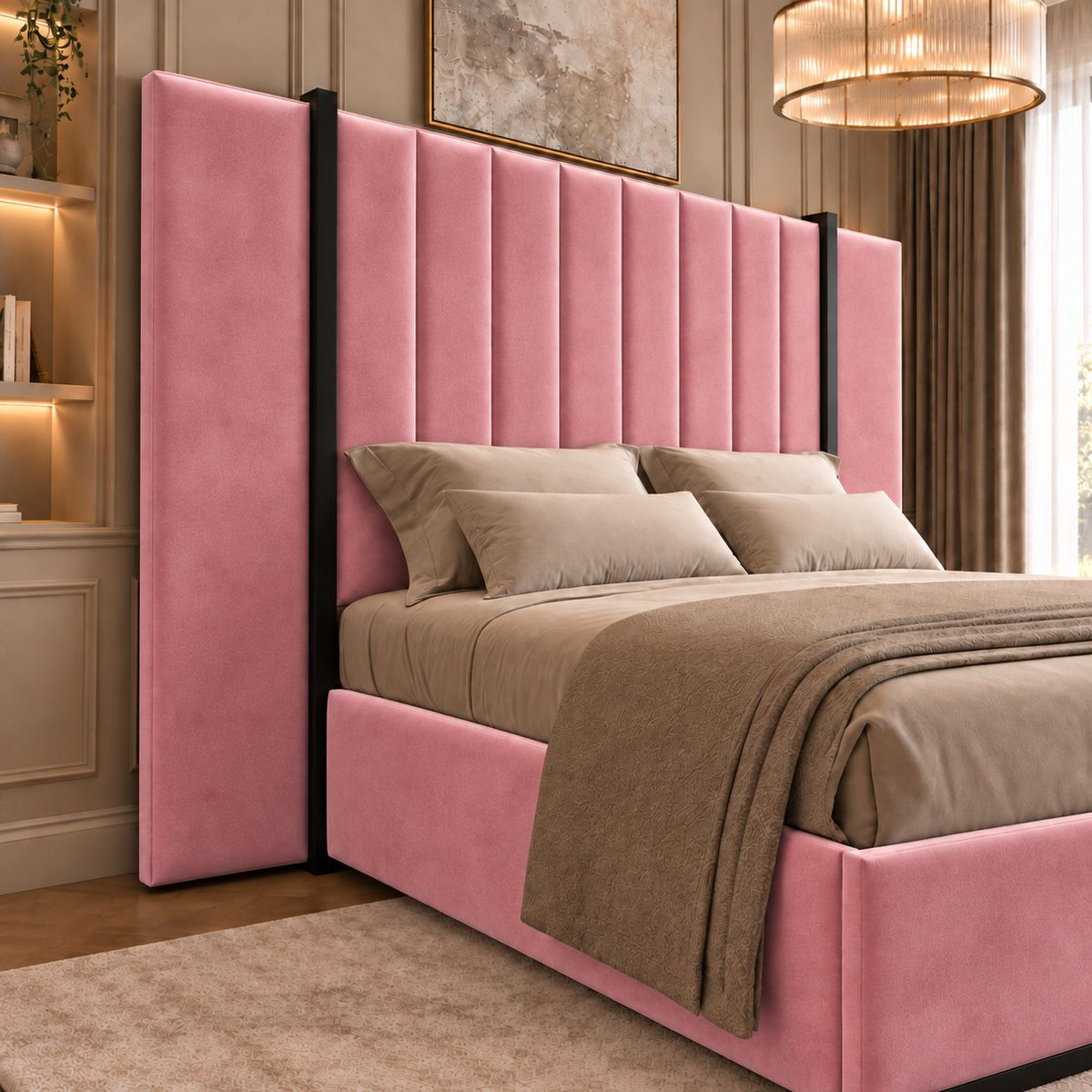 Varese bed in pink with black metal frame, headboard close-up