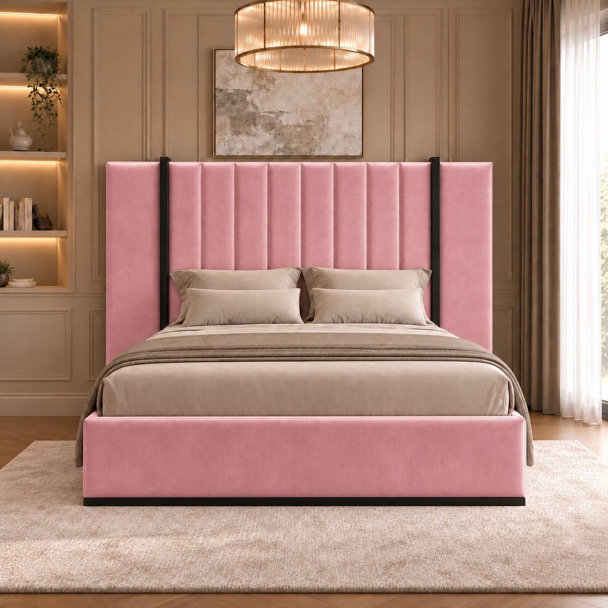 Varese bed in pink with black metal frame, front view
