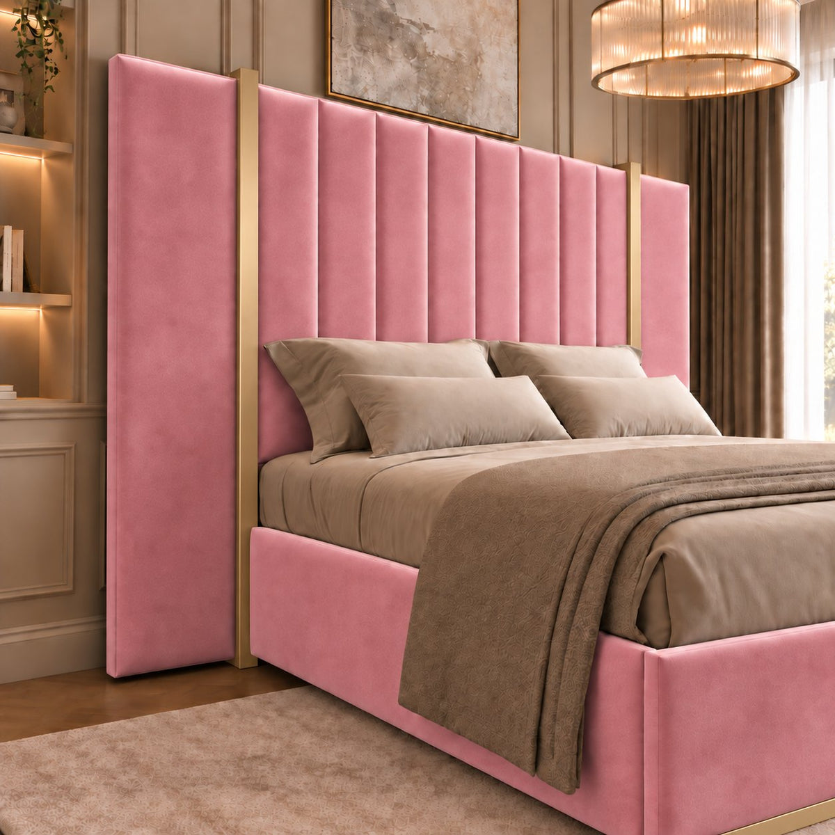 Varese bed in pink with gold metal frame, headboard close-up