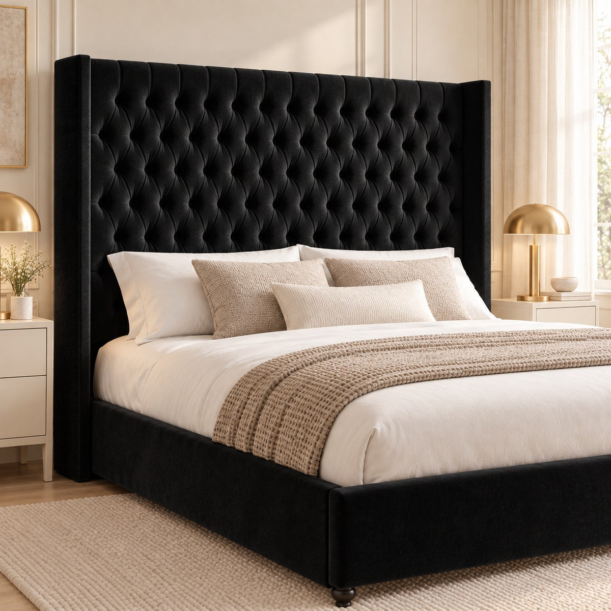 Volta Straight Winged Upholstered Soft Velvet Bed Frame