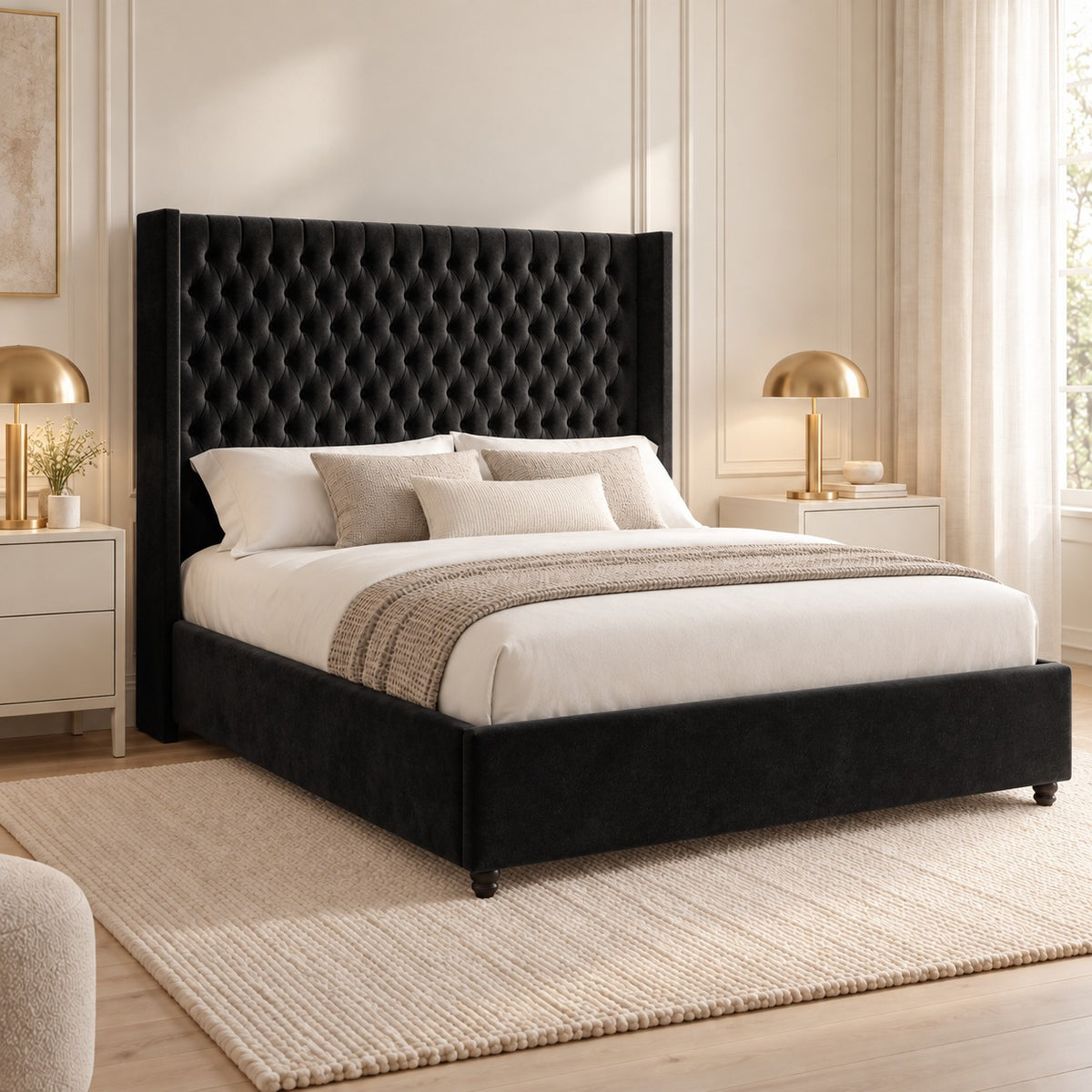 Volta Straight Winged Upholstered Soft Velvet Bed Frame