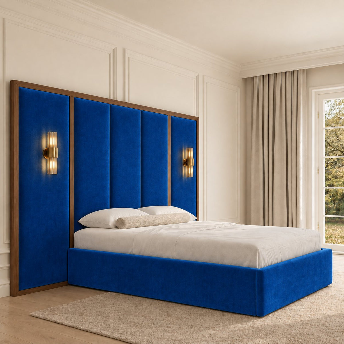 Volterra bed in blue, three-quarter view