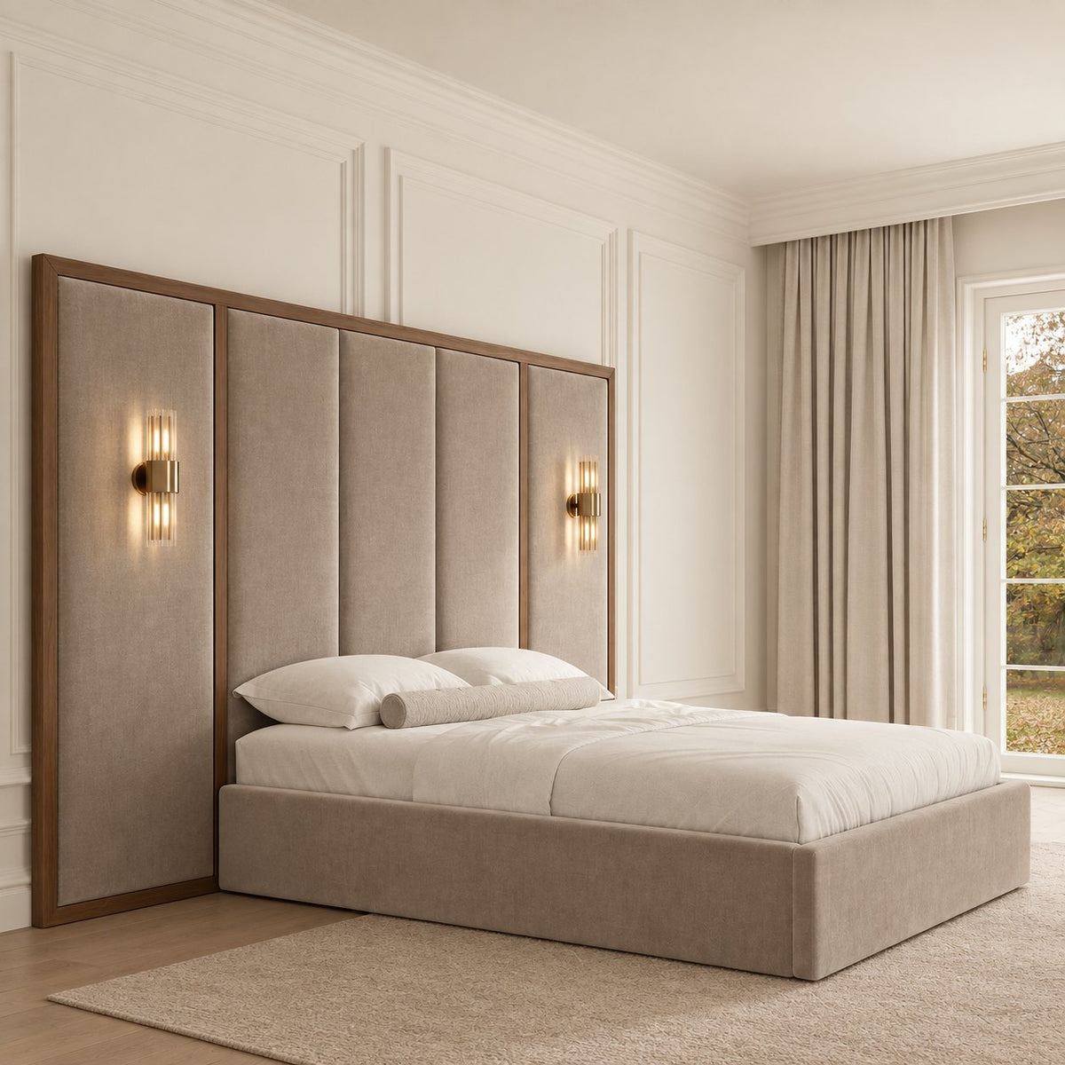 Volterra bed in pebble, three-quarter view