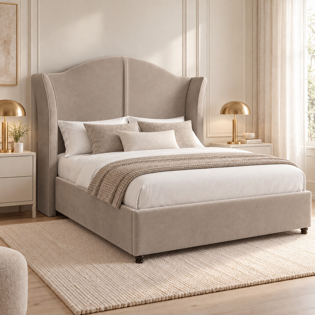 Zampa Curved Top Curved Winged Upholstered Soft Velvet Bed Frame