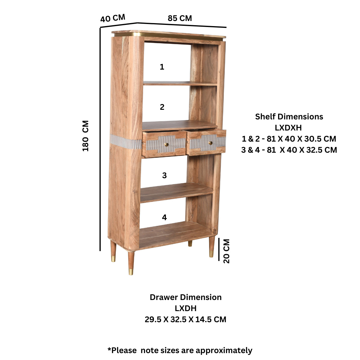 Desoto Acacia Wood 2 Drawers Open Bookcase