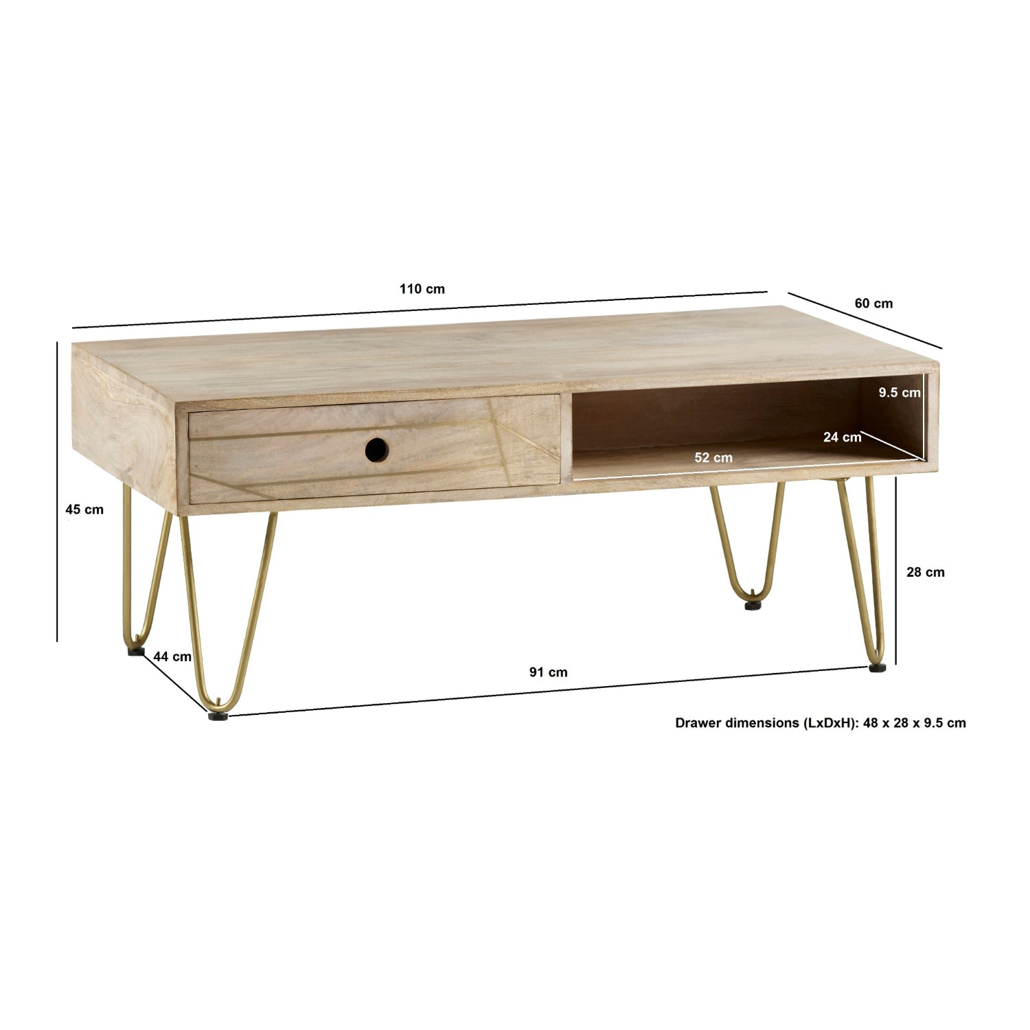 Ebern Light Gold Rectangular Coffee Table With Drawer