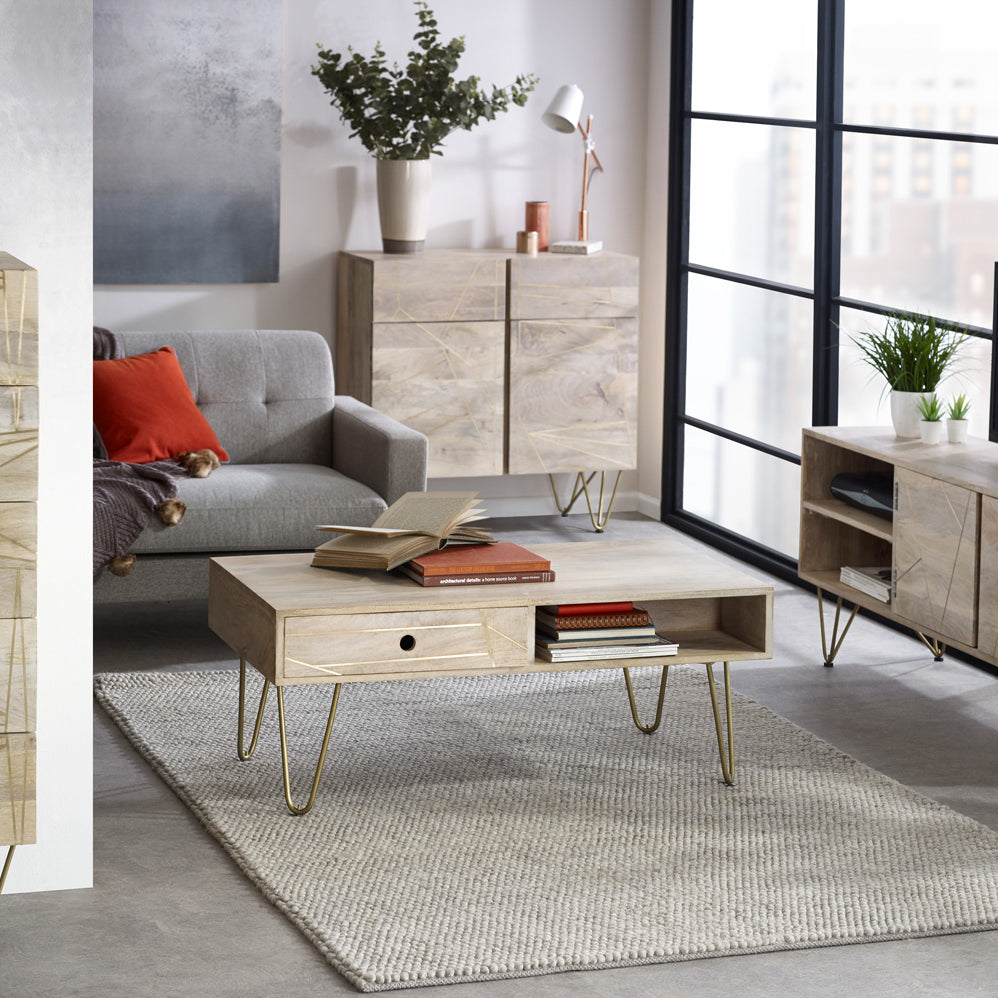 Ebern Light Gold Rectangular Coffee Table With Drawer