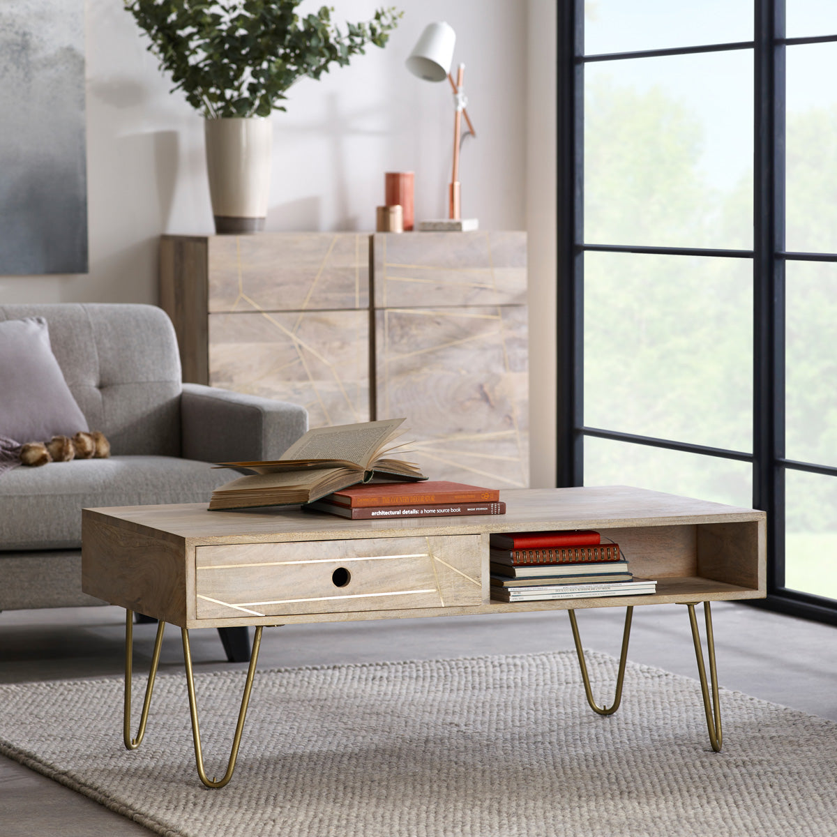 Ebern Light Gold Rectangular Coffee Table With Drawer