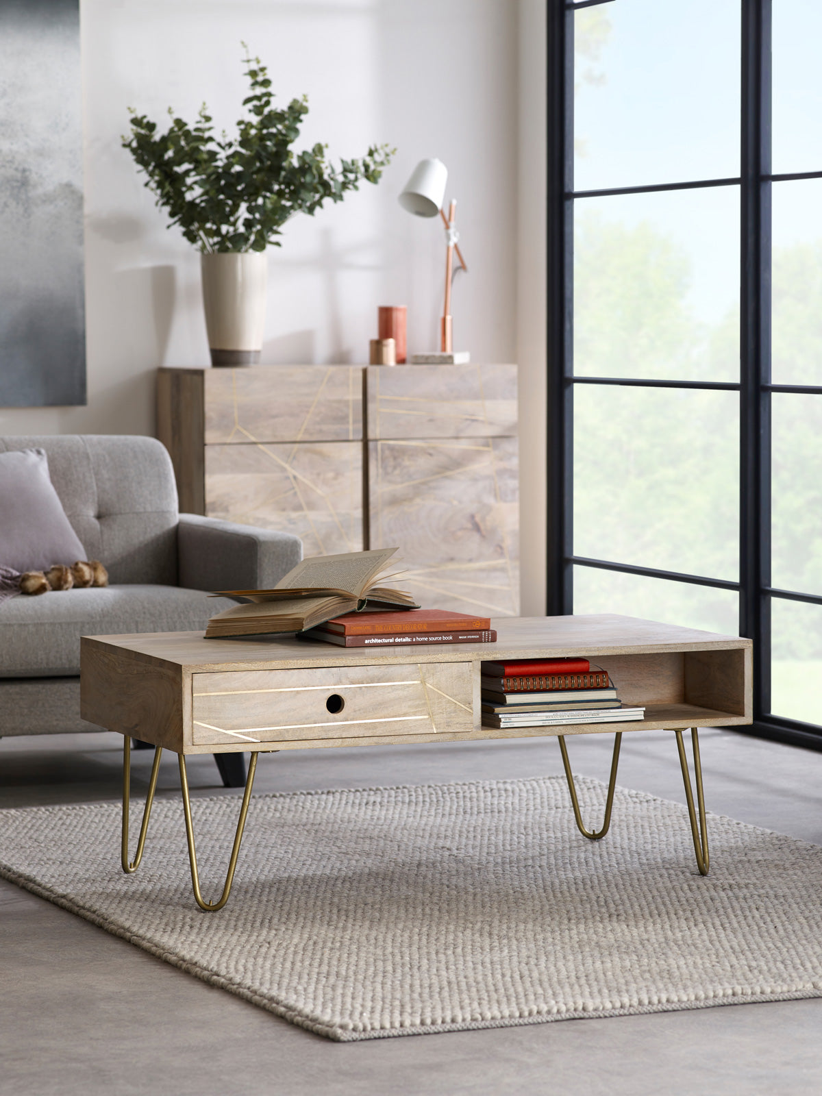 Ebern Light Gold Rectangular Coffee Table With Drawer