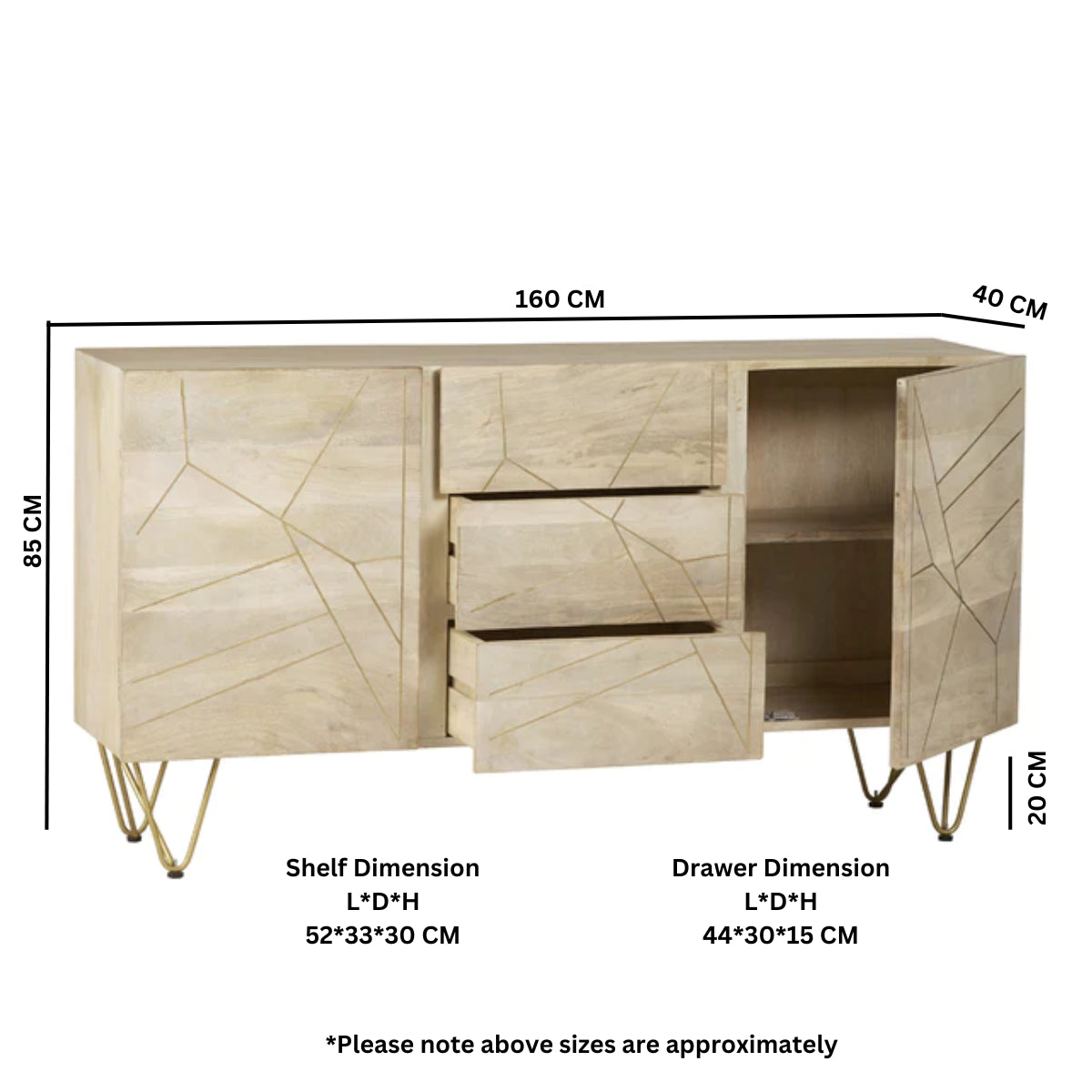 Ebern Light Gold Extra Large Sideboard 3 Drawers And 2 Doors