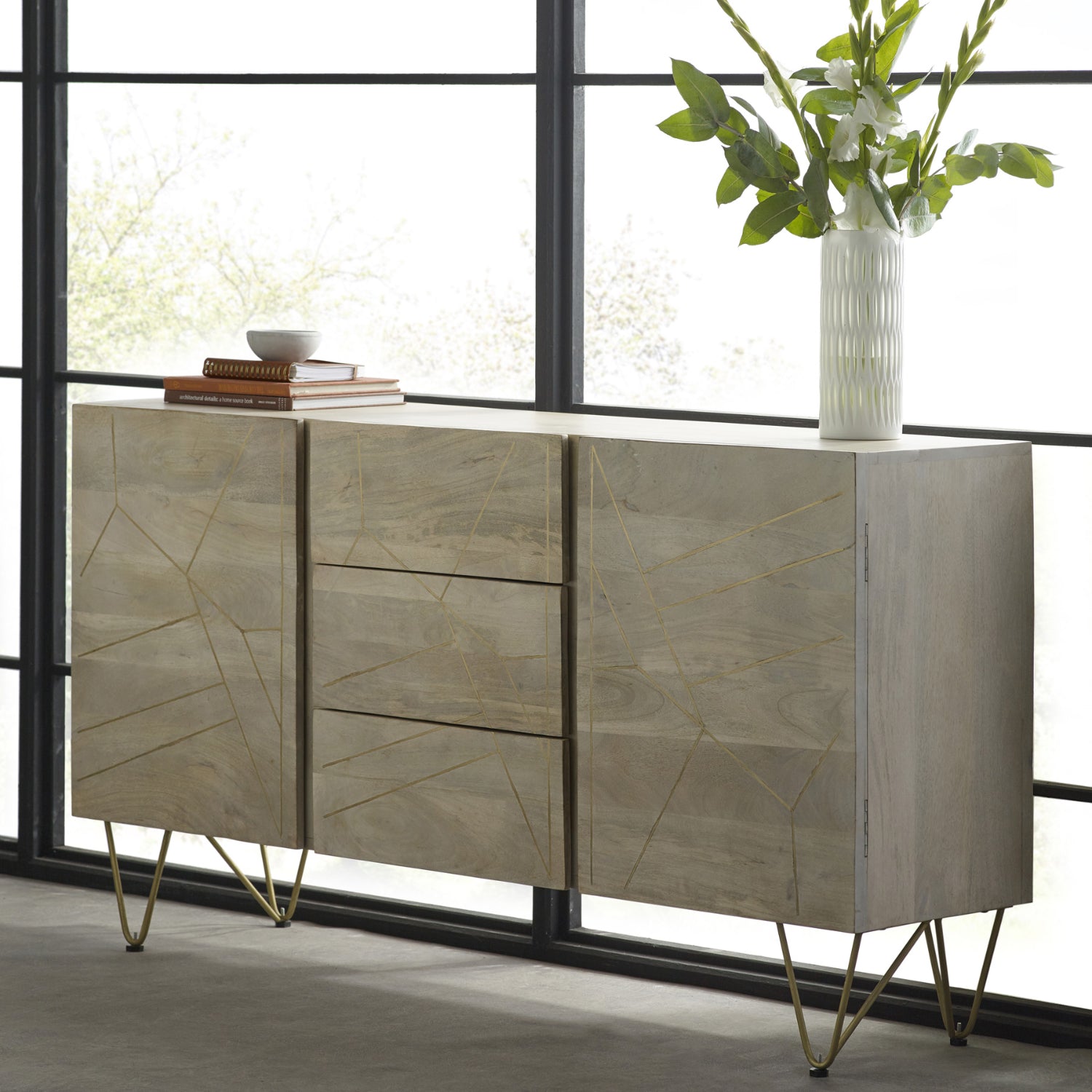 Ebern Light Gold Extra Large Sideboard 3 Drawers And 2 Doors