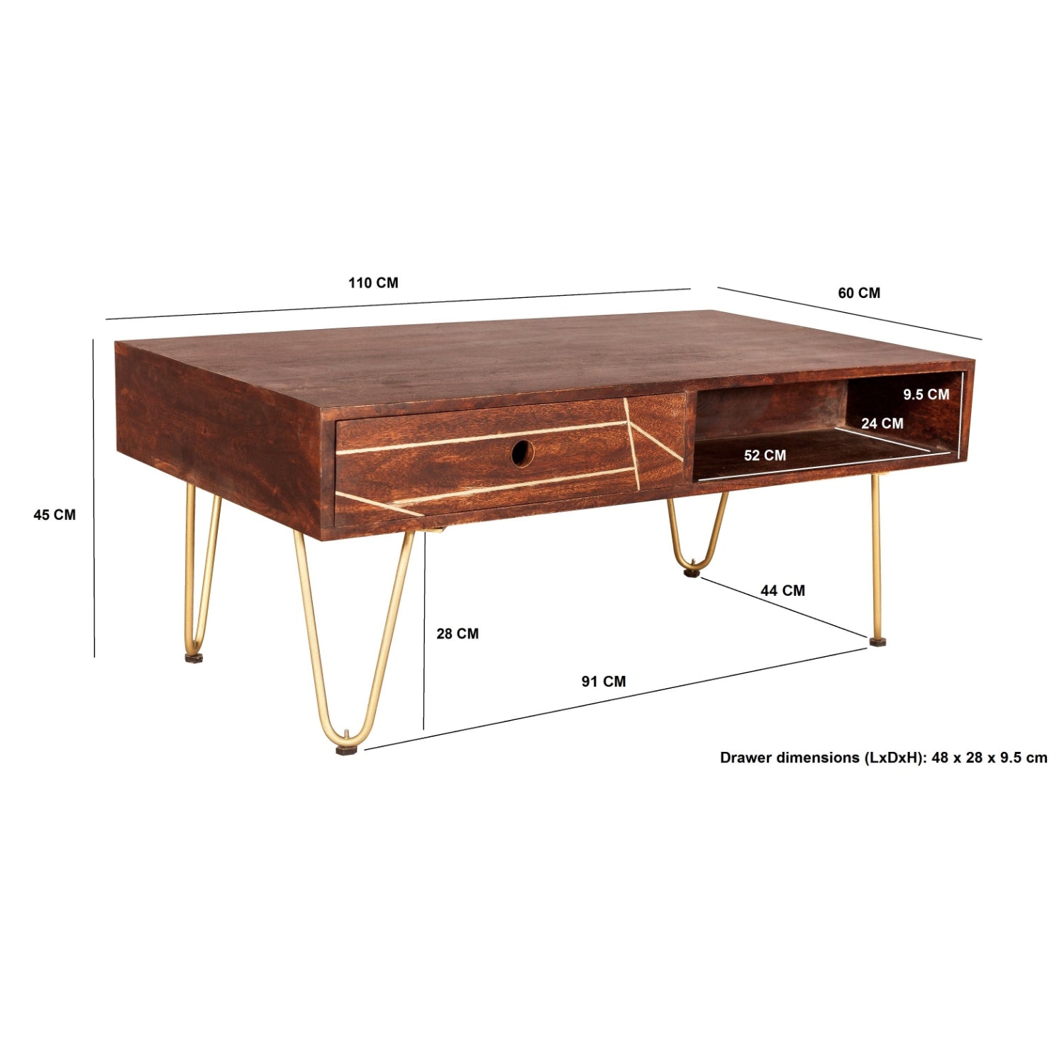 Ebern Dark Gold Rectangular Coffee Table With Drawer