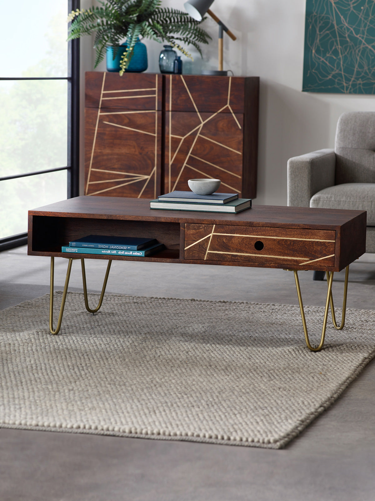 Ebern Dark Gold Rectangular Coffee Table With Drawer