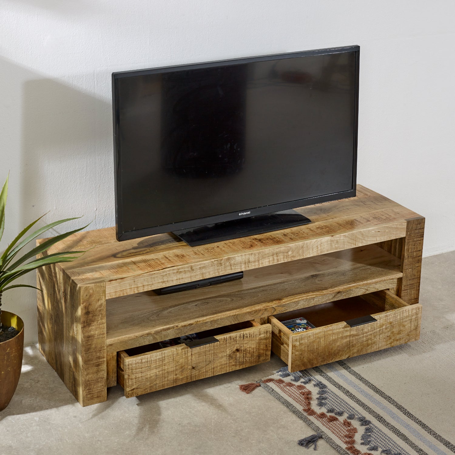 Vogo Solid Wood Tv Stand With 2 Drawers