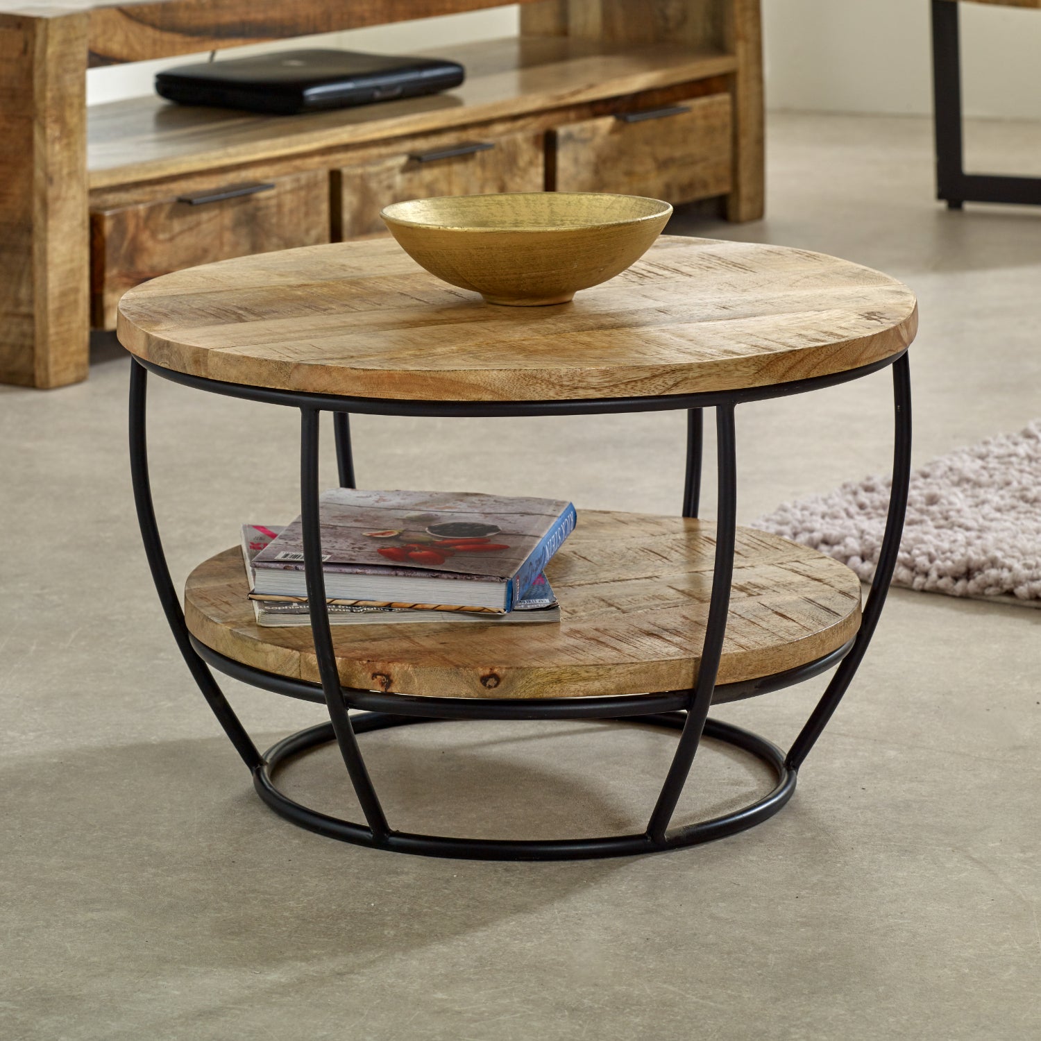 Vogo Solid Wood & Metal Coffee Table With Shelf