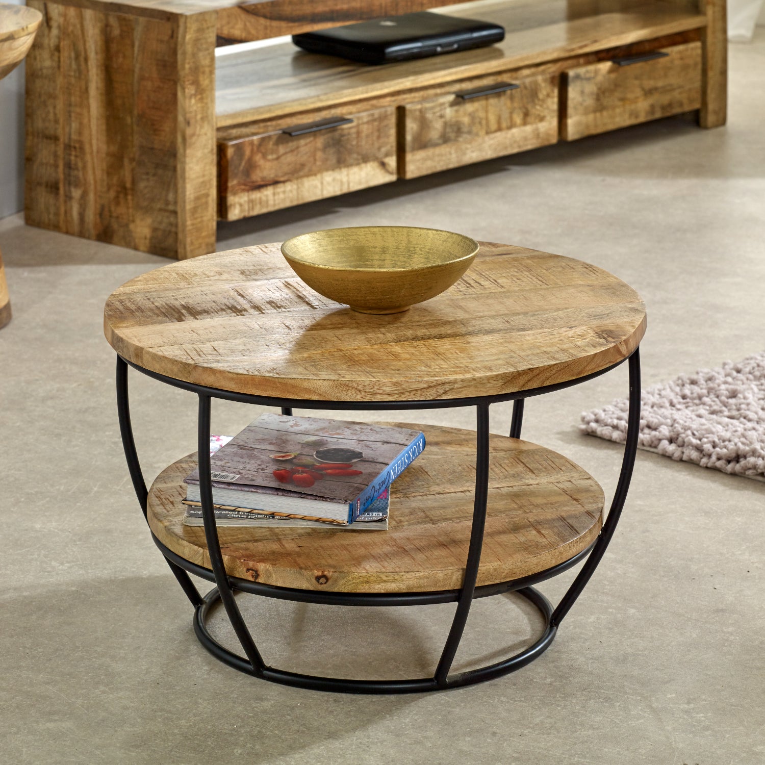 Vogo Solid Wood & Metal Coffee Table With Shelf