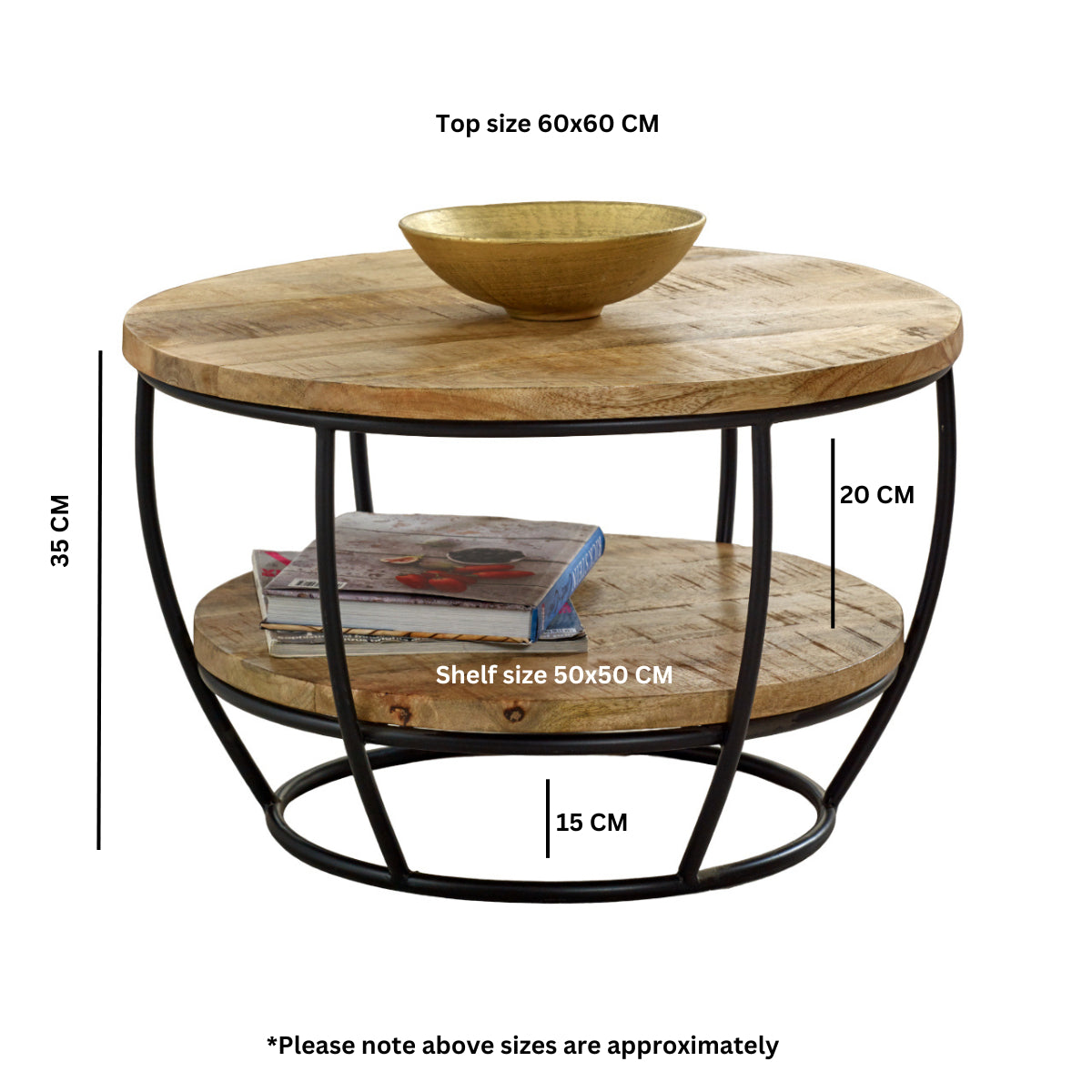 Vogo Solid Wood & Metal Coffee Table With Shelf