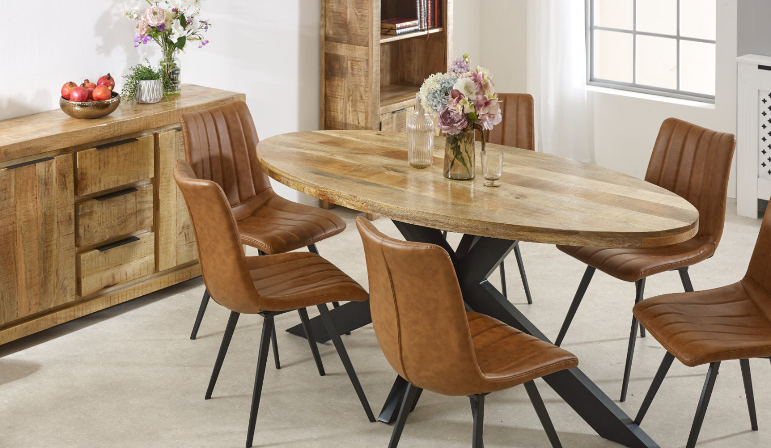 Vogo Solid Wood & Metal Oval Dining Table 6-8 Seater