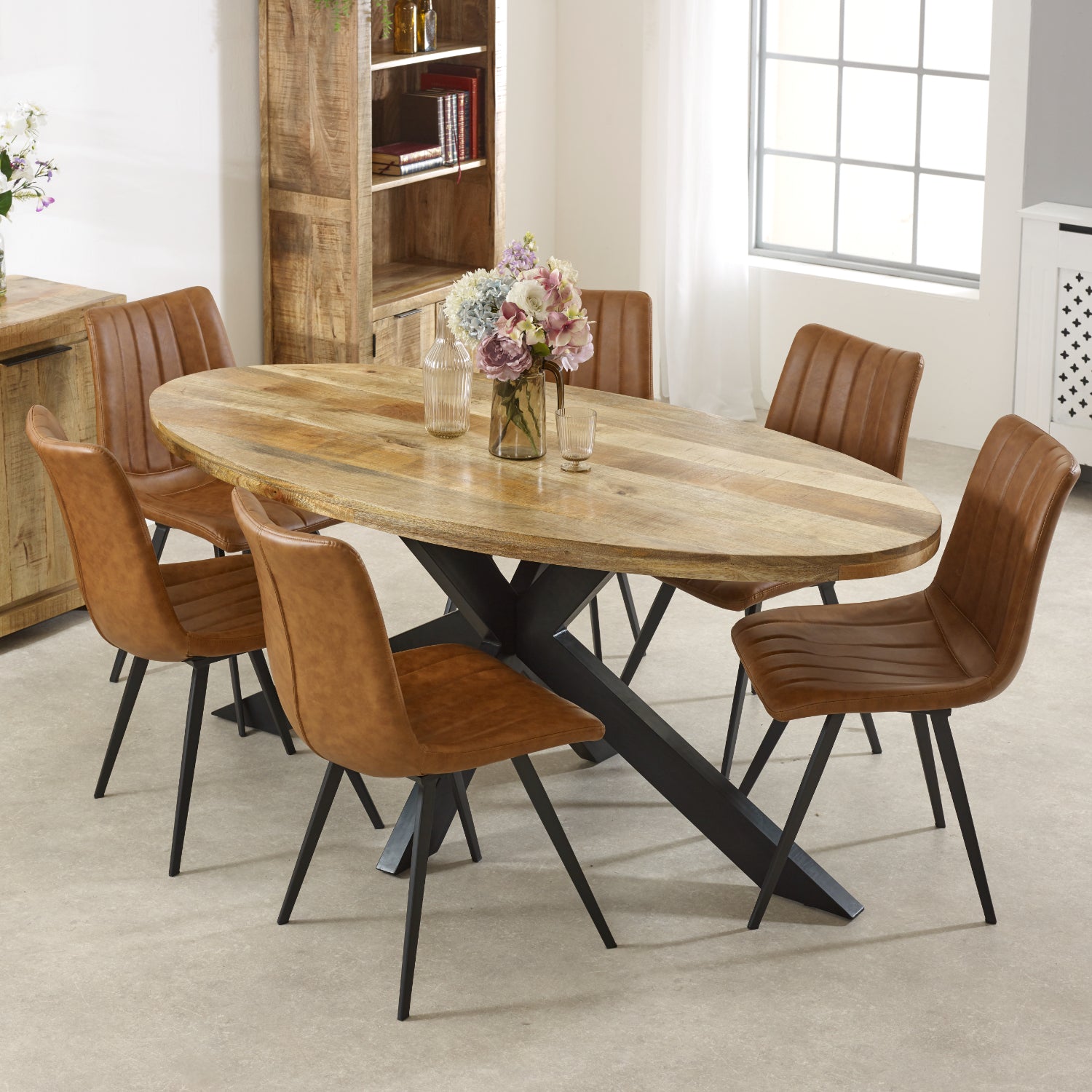 Vogo Solid Wood & Metal Oval Dining Table 6-8 Seater