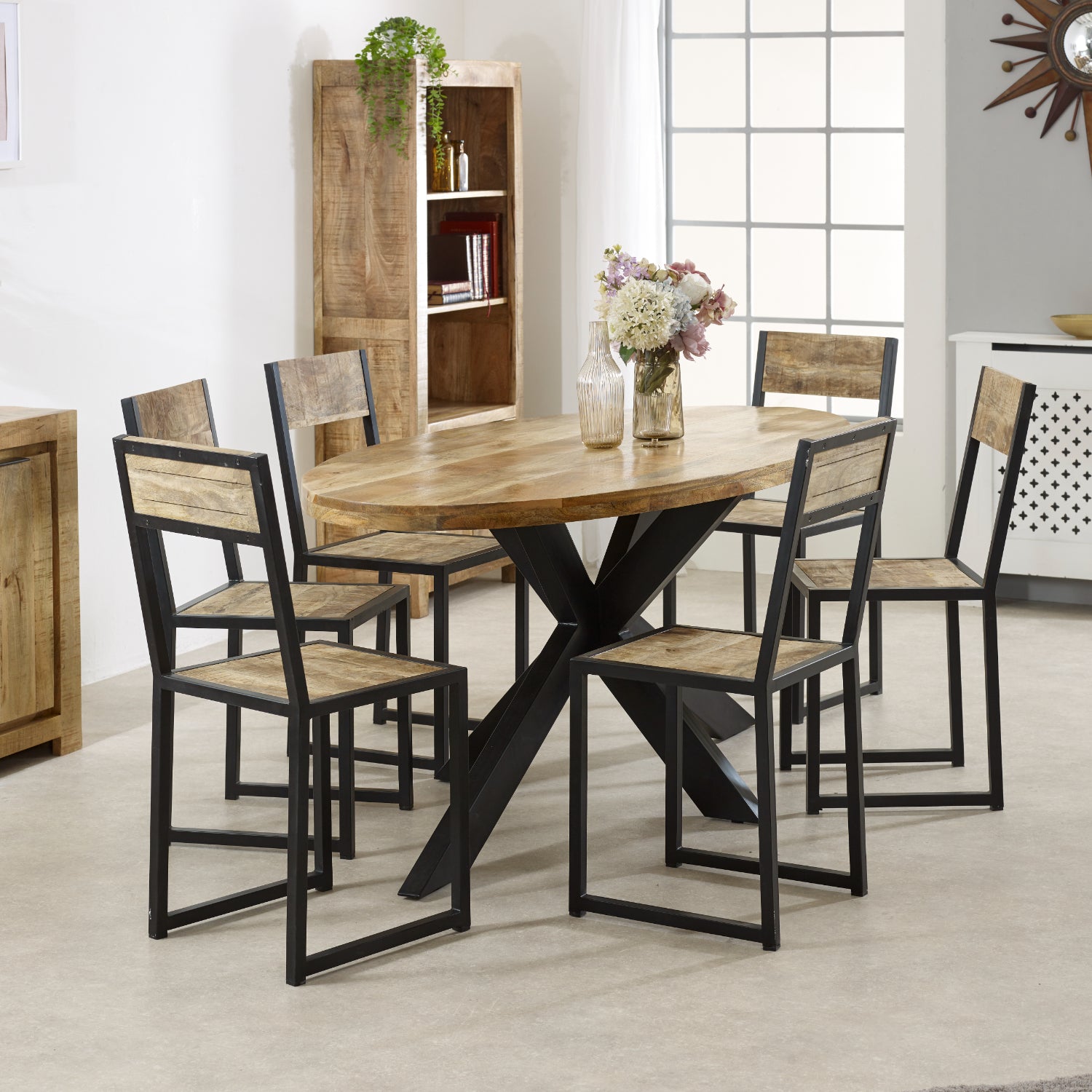 Vogo Solid Wood & Metal Oval Dining Table 6-8 Seater