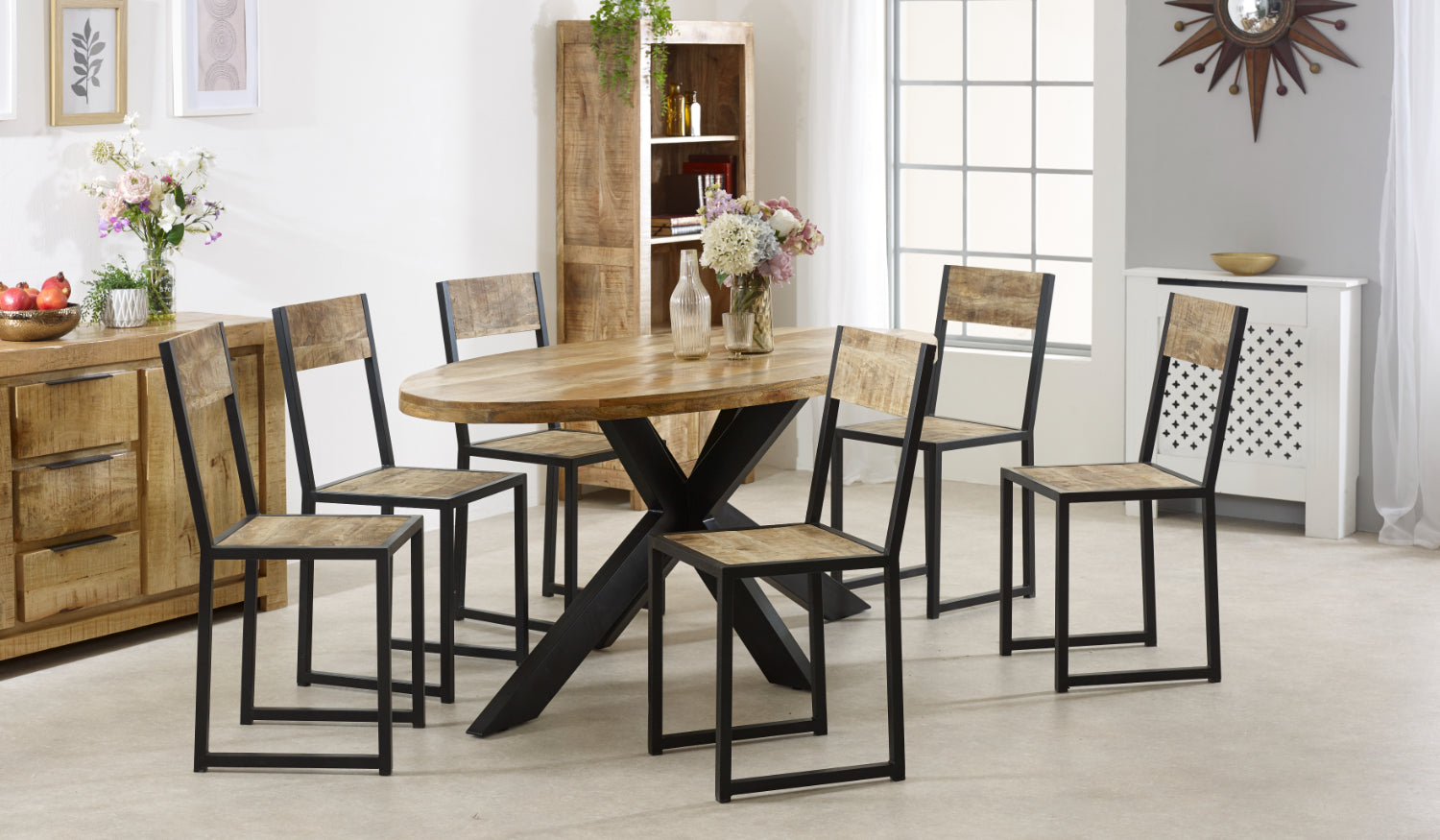 Vogo Solid Wood & Metal Oval Dining Table 6-8 Seater