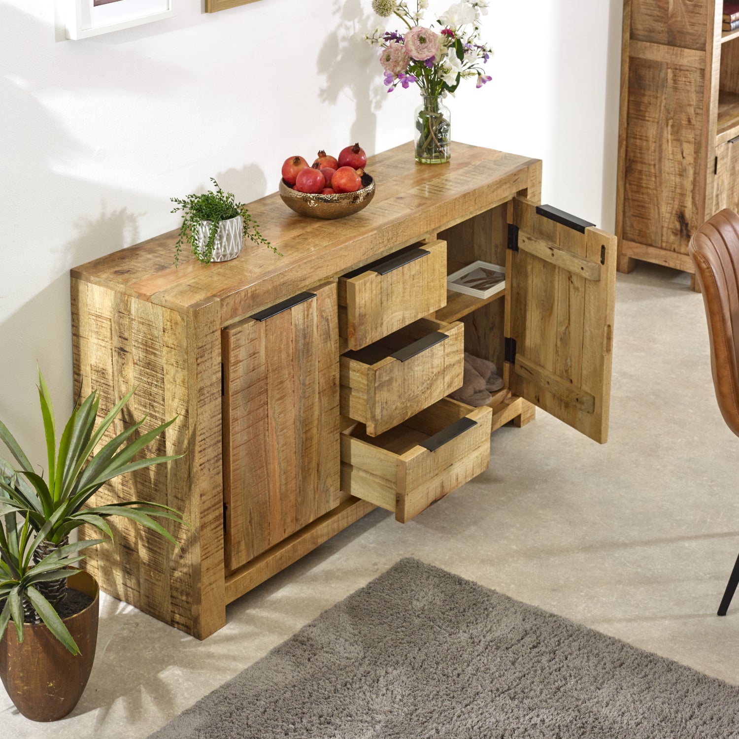 Vogo Solid Wood Large Sideboard 2 Door 3 Drawer