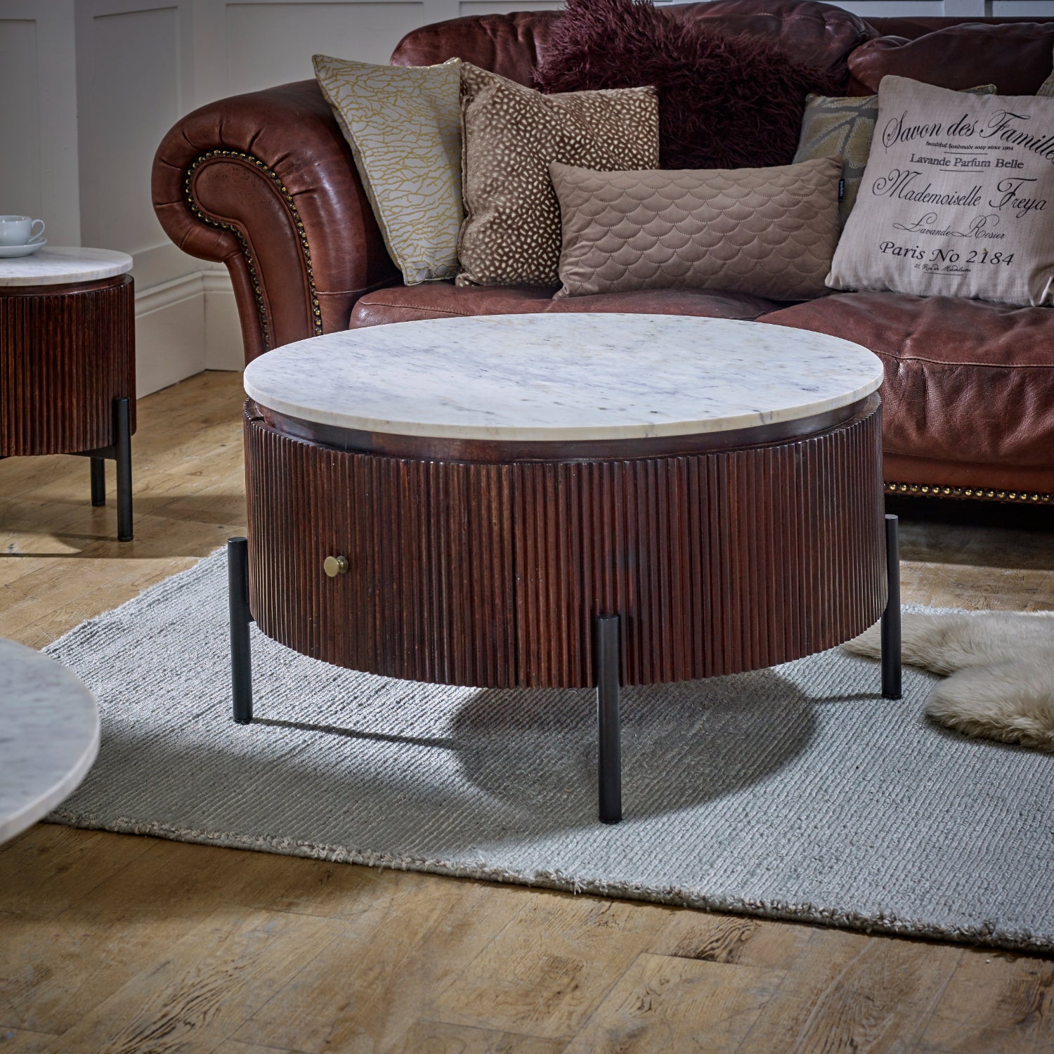 Cardella Mango Wood Round Fluted Coffee Table With Marble Top & Metal Legs