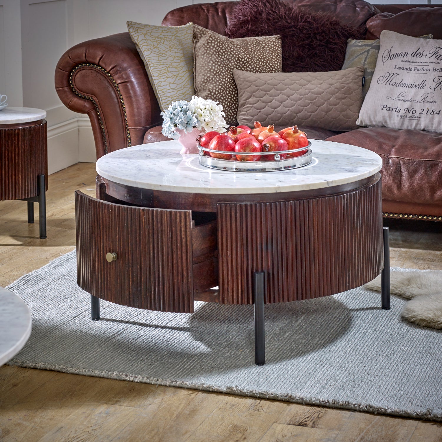 Cardella Mango Wood Round Fluted Coffee Table With Marble Top & Metal Legs