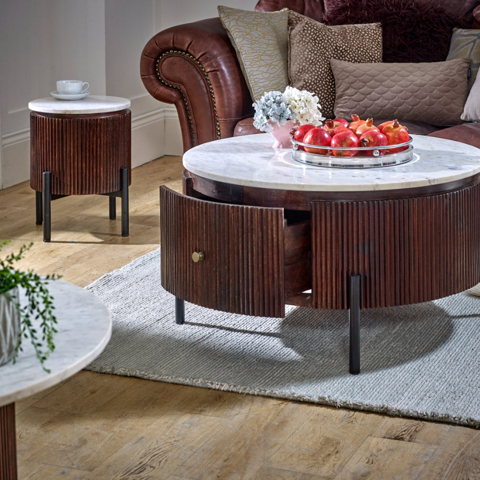 Cardella Mango Wood Round Fluted Coffee Table With Marble Top & Metal Legs