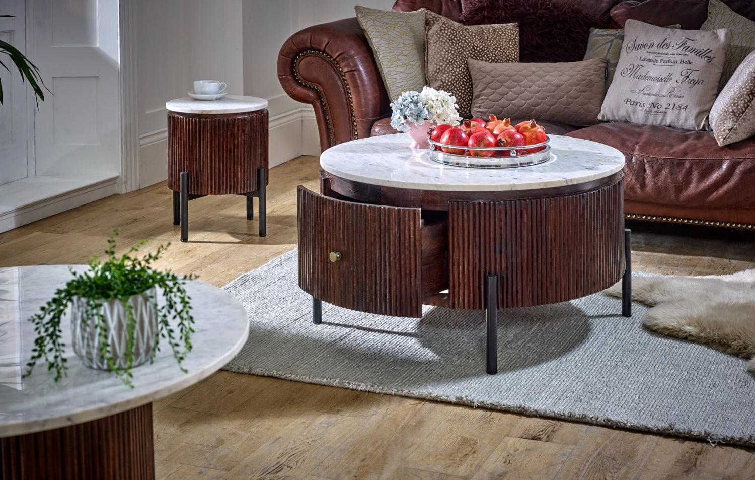 Cardella Mango Wood Round Fluted Coffee Table With Marble Top & Metal Legs