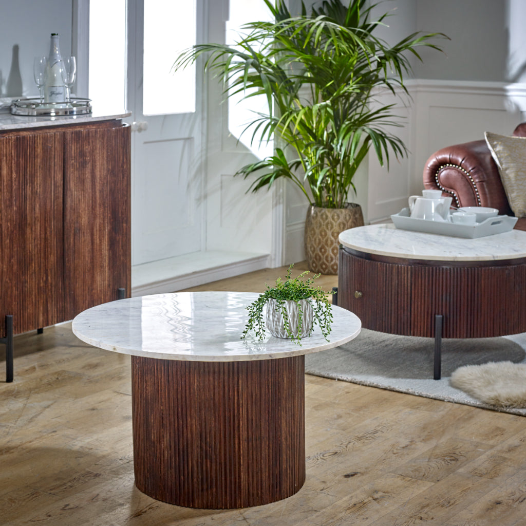 Cardella Mango Wood Round Fluted Coffee Table With Marble Top & Metal Legs