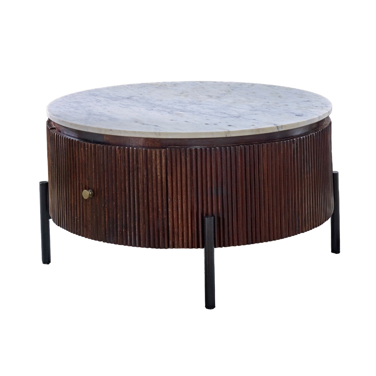Cardella Mango Wood Round Fluted Coffee Table With Marble Top & Metal Legs