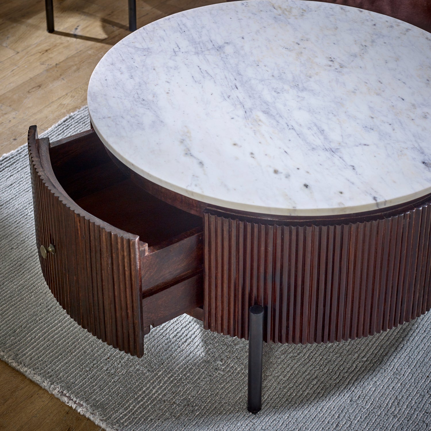 Cardella Mango Wood Round Fluted Coffee Table With Marble Top & Metal Legs