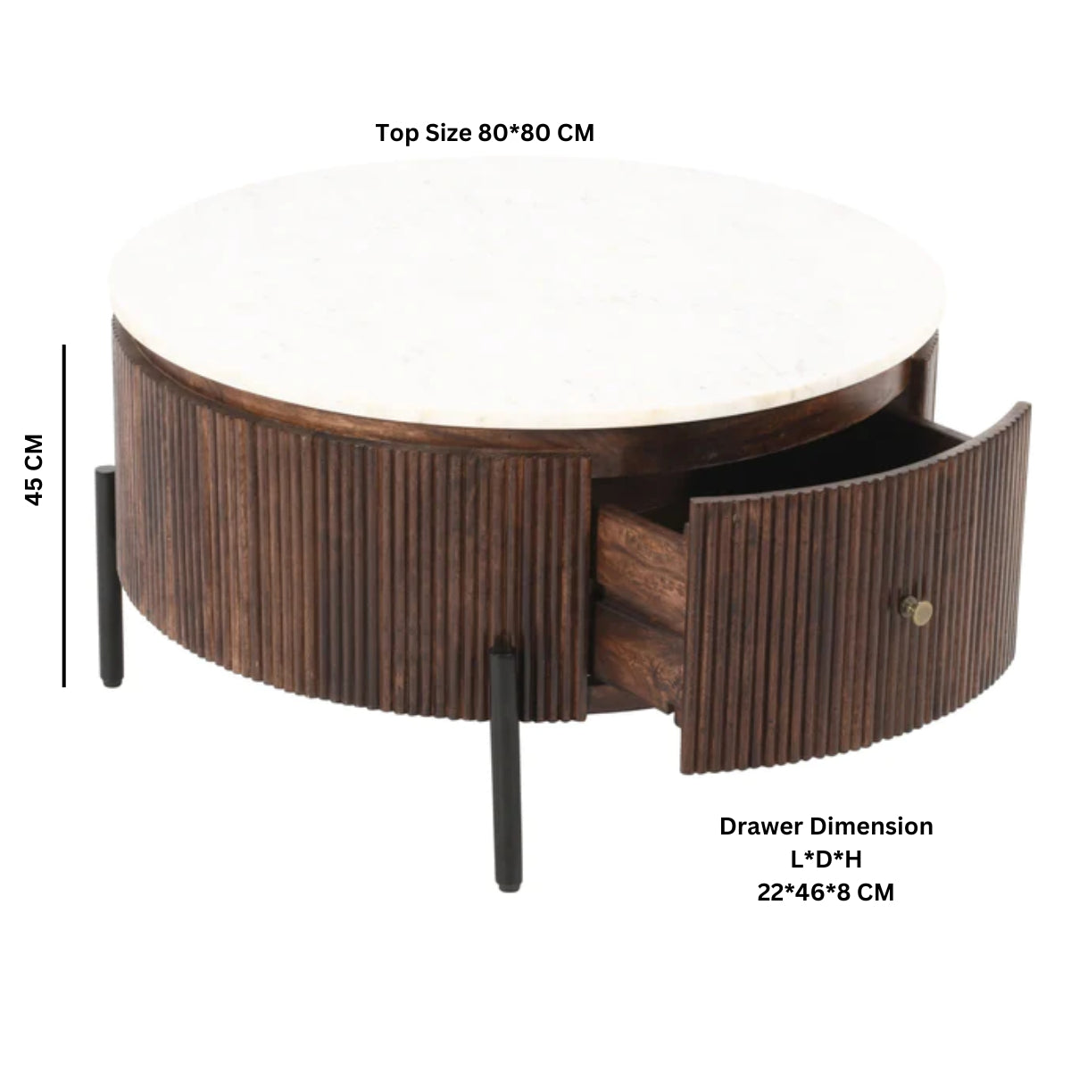 Cardella Mango Wood Round Fluted Coffee Table With Marble Top & Metal Legs
