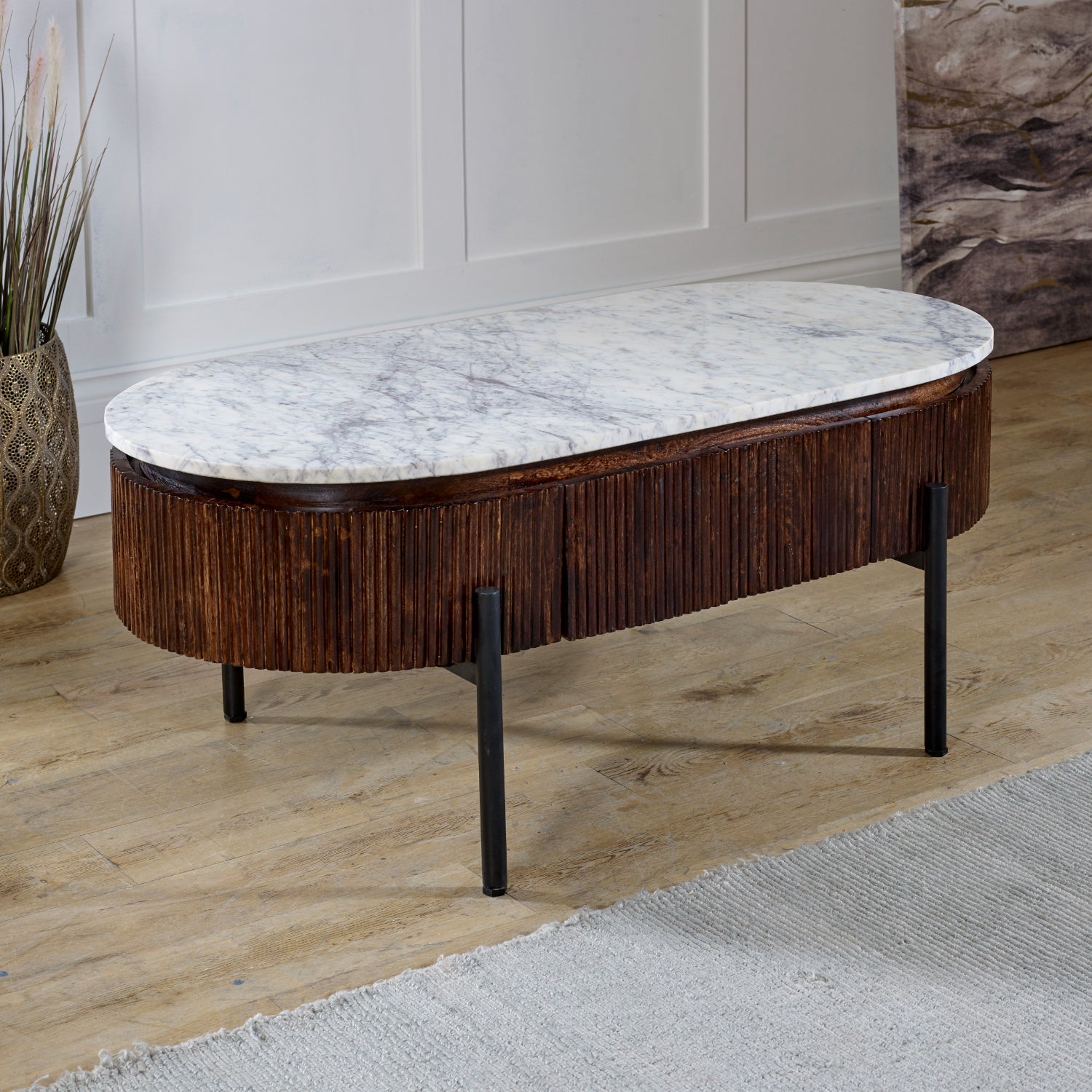 Cardella Mango Wood Rectangular Fluted Coffee Table With Marble Top & Metal Legs